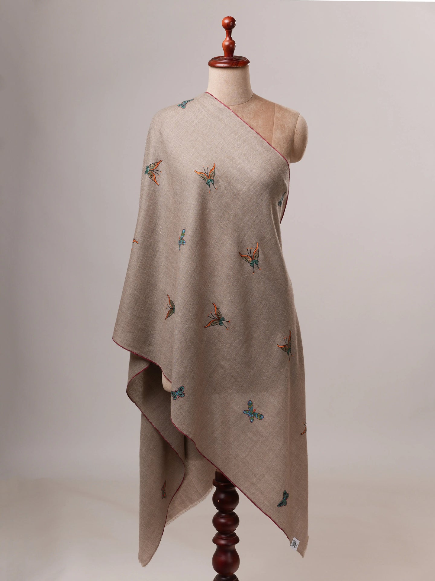 Handwoven Natural Grey Cashmere Scarf with Butterfly Embroidery Shahkaar