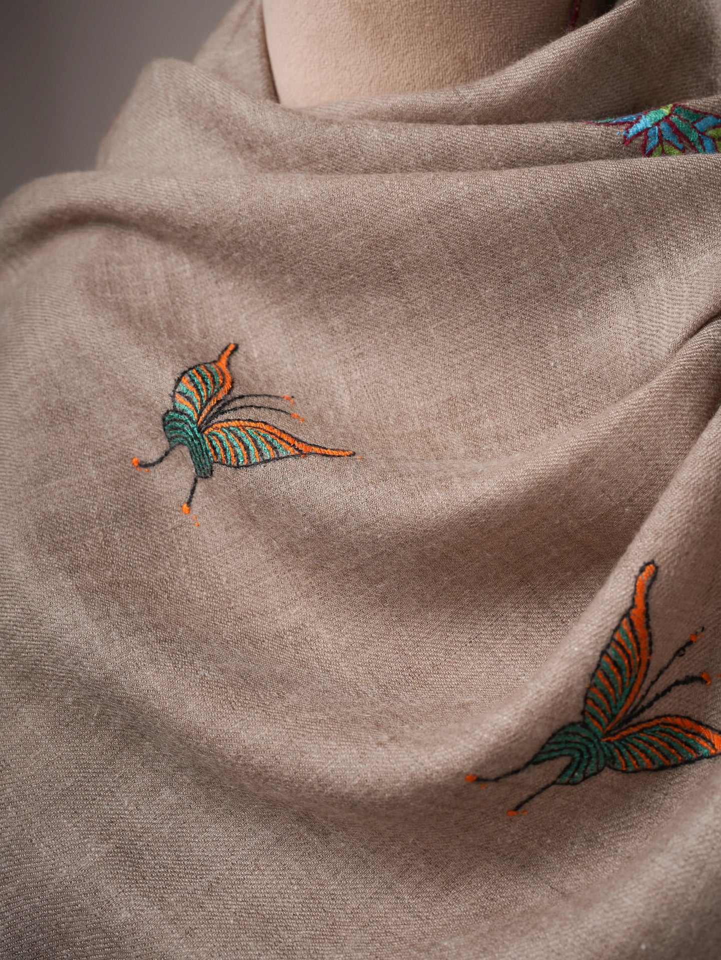 Handwoven Natural Grey Cashmere Scarf with Butterfly Embroidery Shahkaar