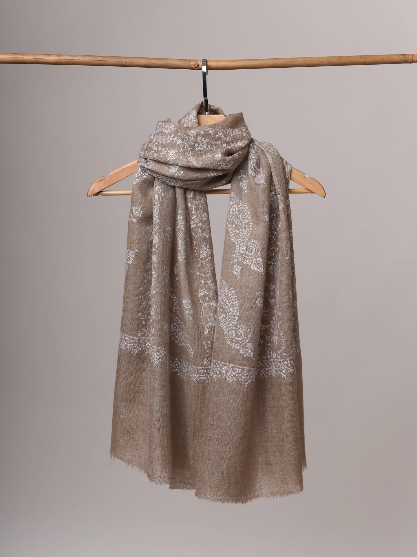 Handwoven Natural Grey Cashmere Scarf with White Embroidery Shahkaar