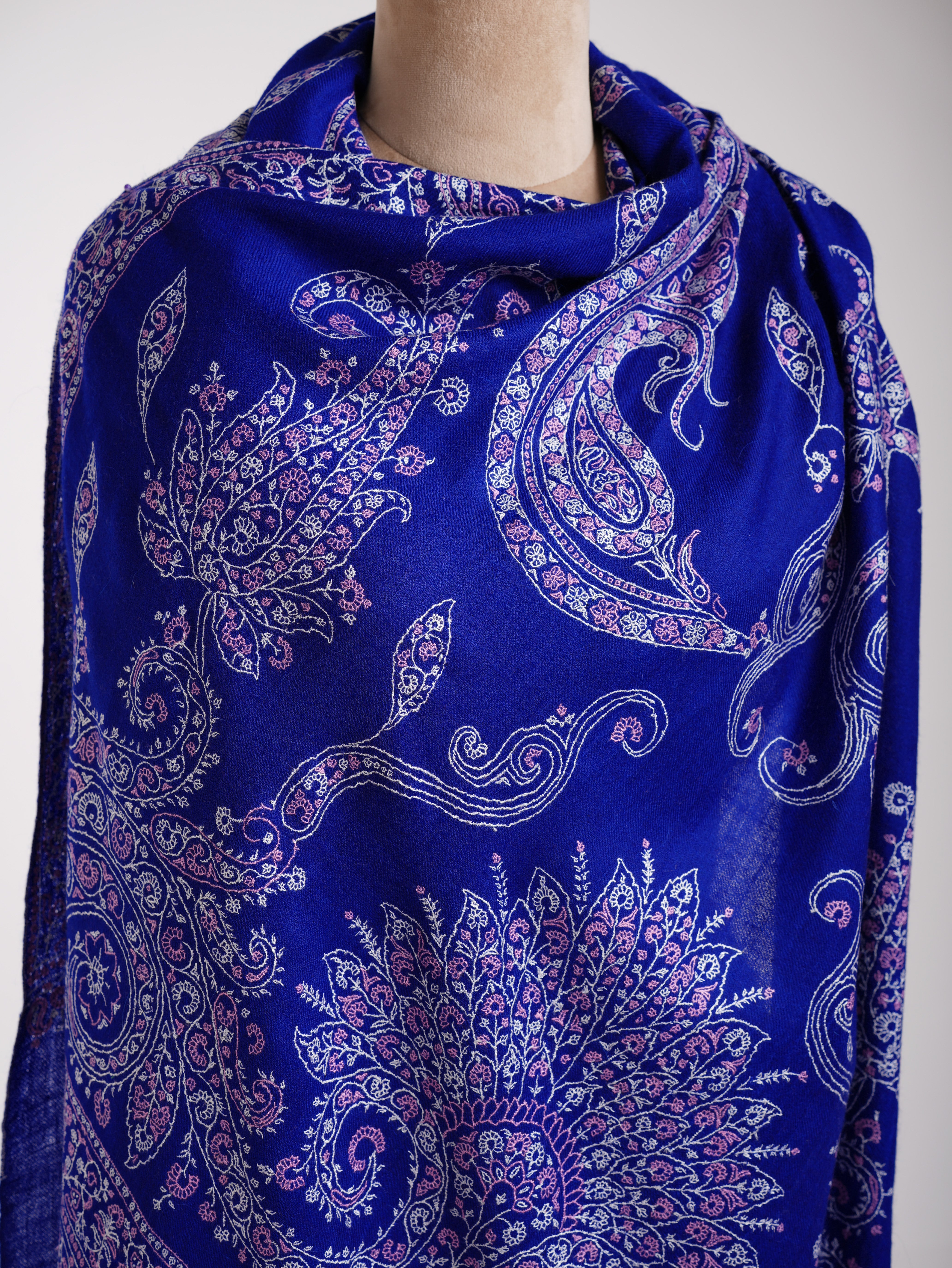 Cobalt Blue Indian Sozni Embroidered Pashmina Shawl