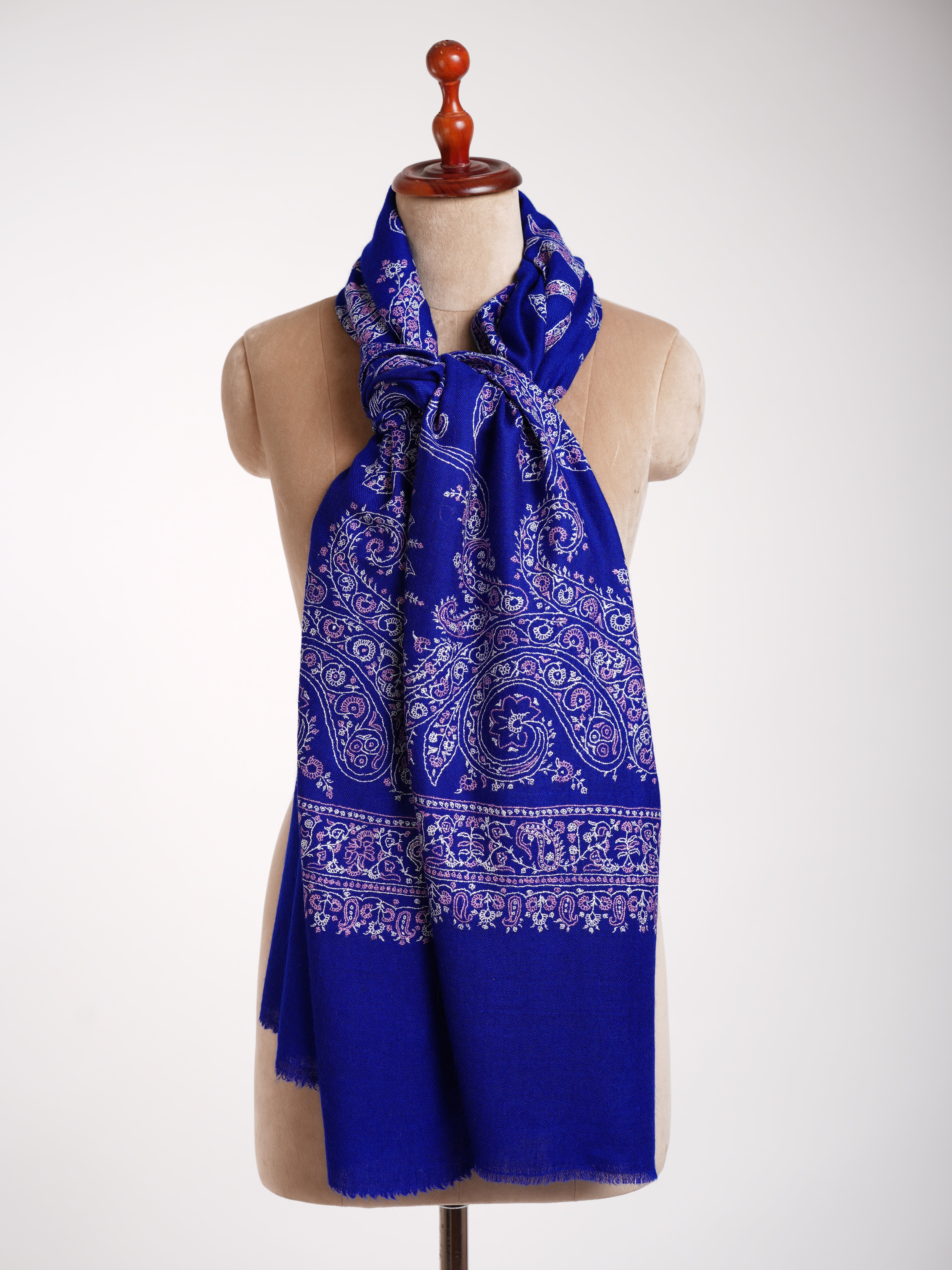 Cobalt Blue Indian Sozni Embroidered Pashmina Shawl