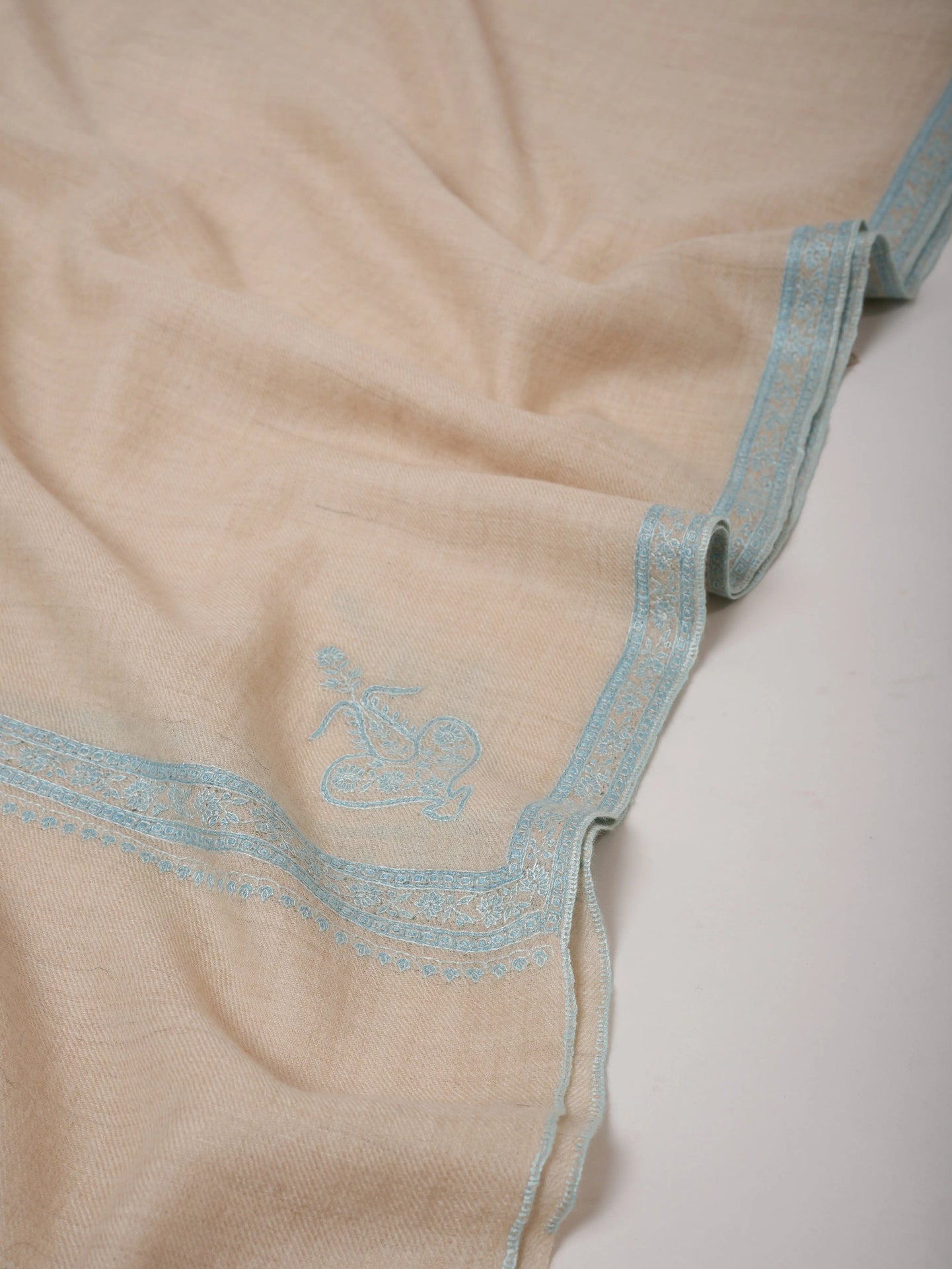 Ivory Cashmere Scarf with Hand Embroidered Hashia Border Shahkaar
