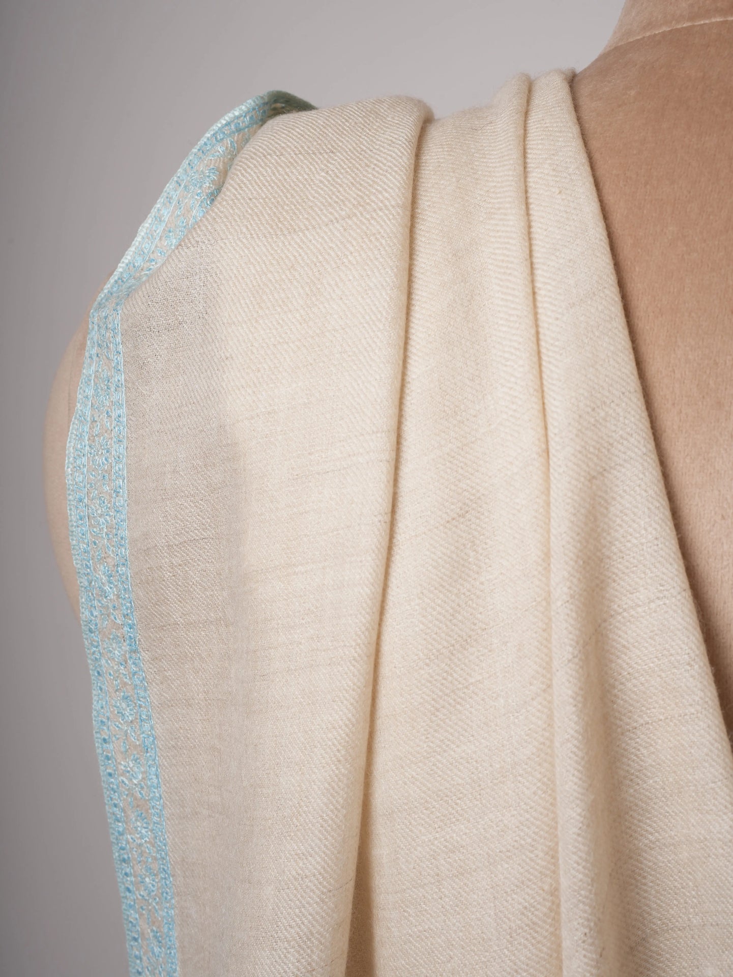 Ivory Cashmere Scarf with Hand Embroidered Hashia Border Shahkaar