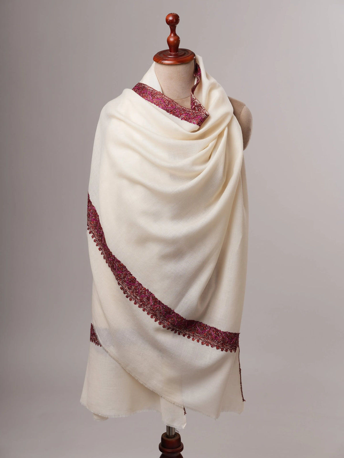 Ivory Fine Wool Indian Shawl with Border Hand Embroidery Shahkaar
