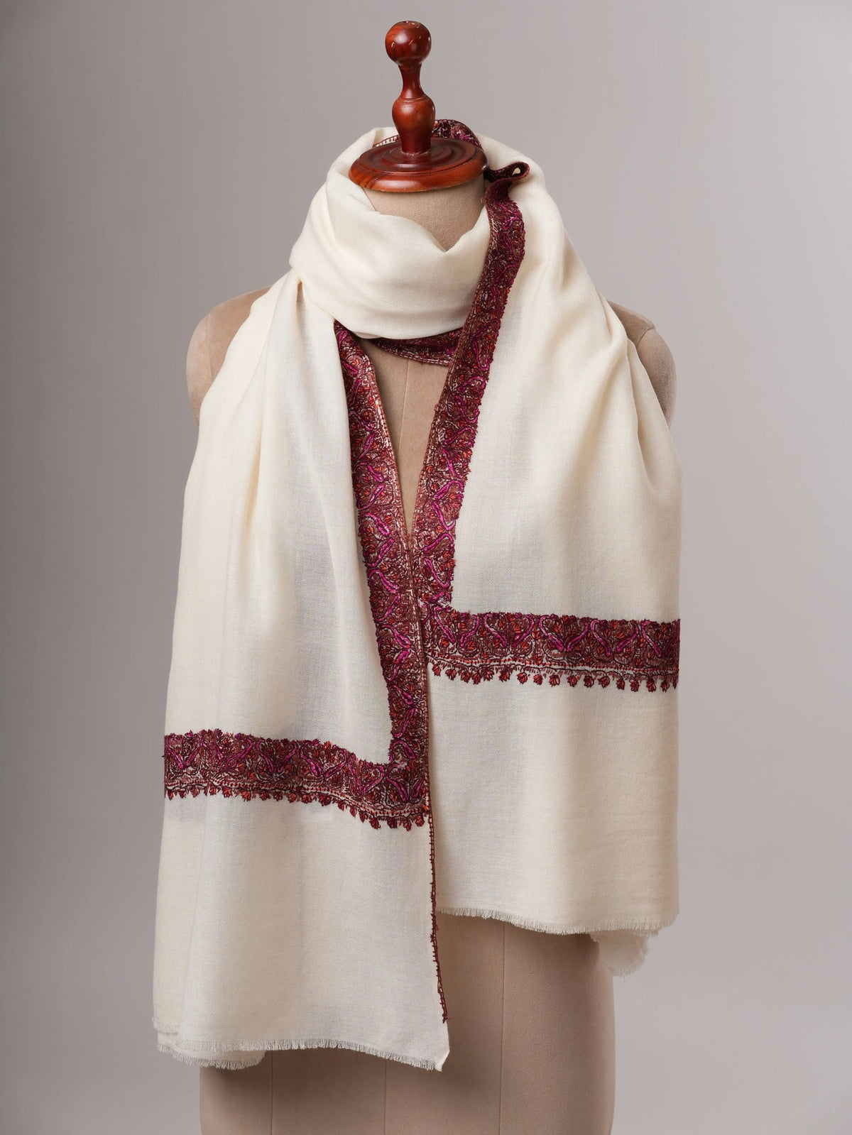 Ivory Fine Wool Indian Shawl with Border Hand Embroidery Shahkaar