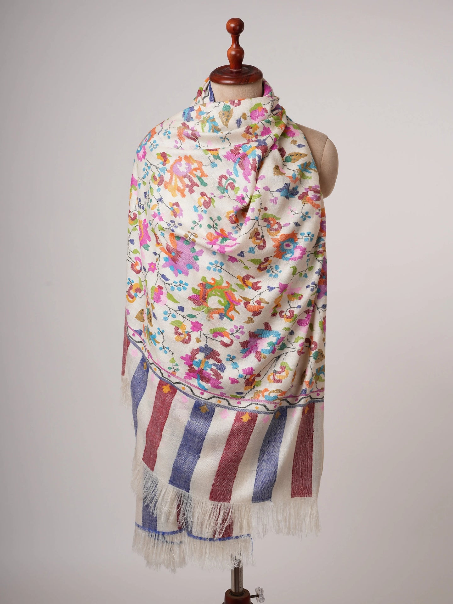 Ivory Handloomed Kani Pashmina Shawl with Fresh Floral Motifs Shahkaar