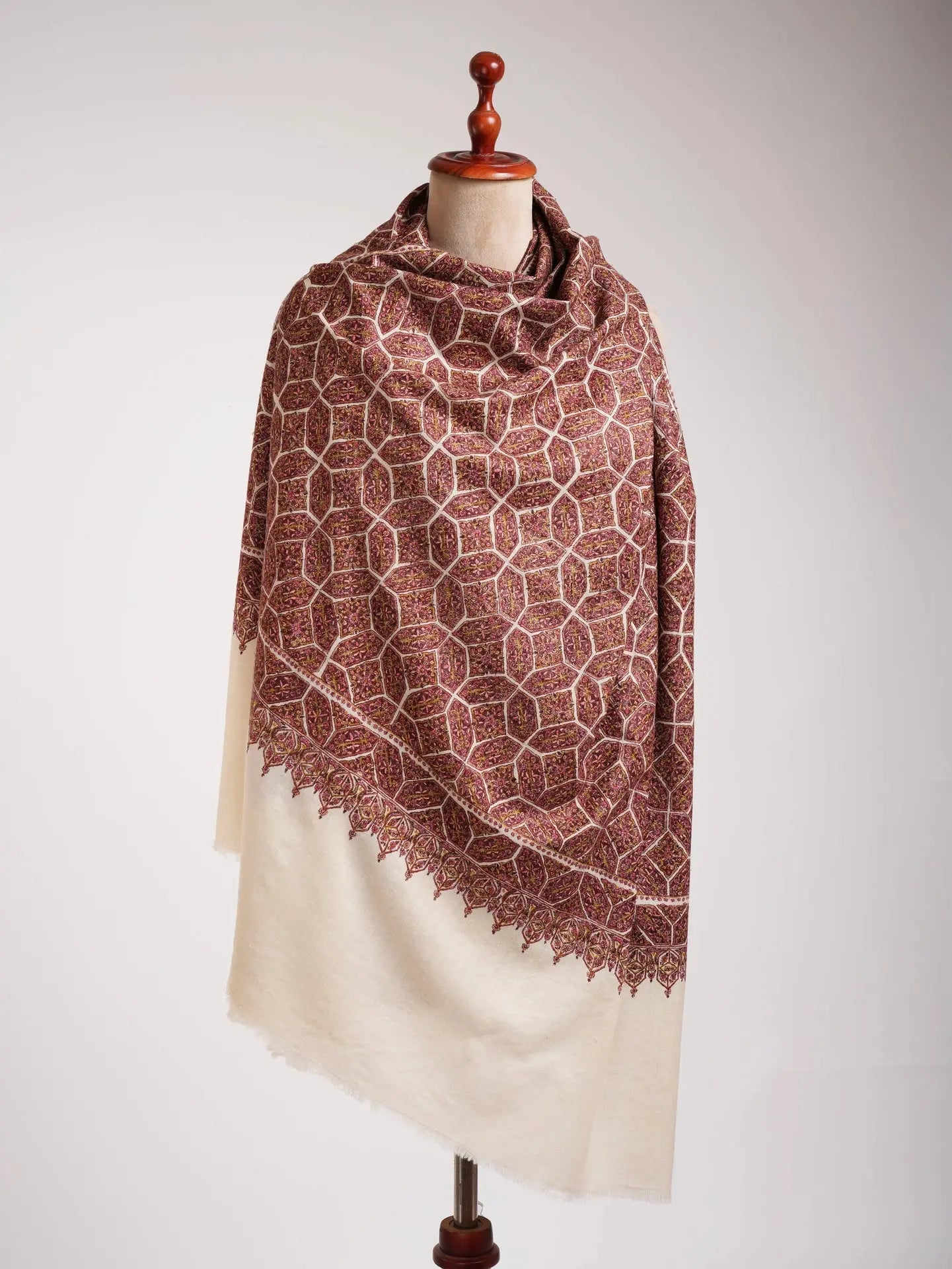 Ivory Khatam Band Embroidered Motif Timeless Pashmina Jamavar Shawl Shahkaar