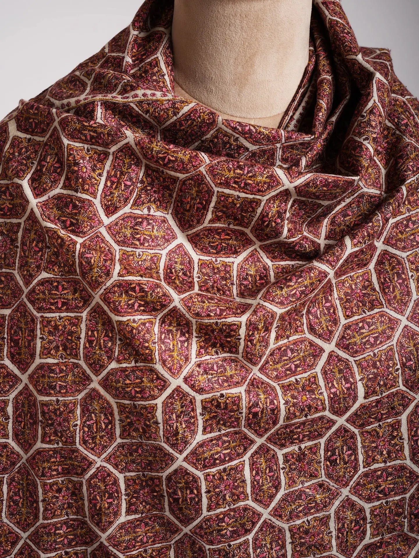 Ivory Khatam Band Embroidered Motif Timeless Pashmina Jamavar Shawl Shahkaar