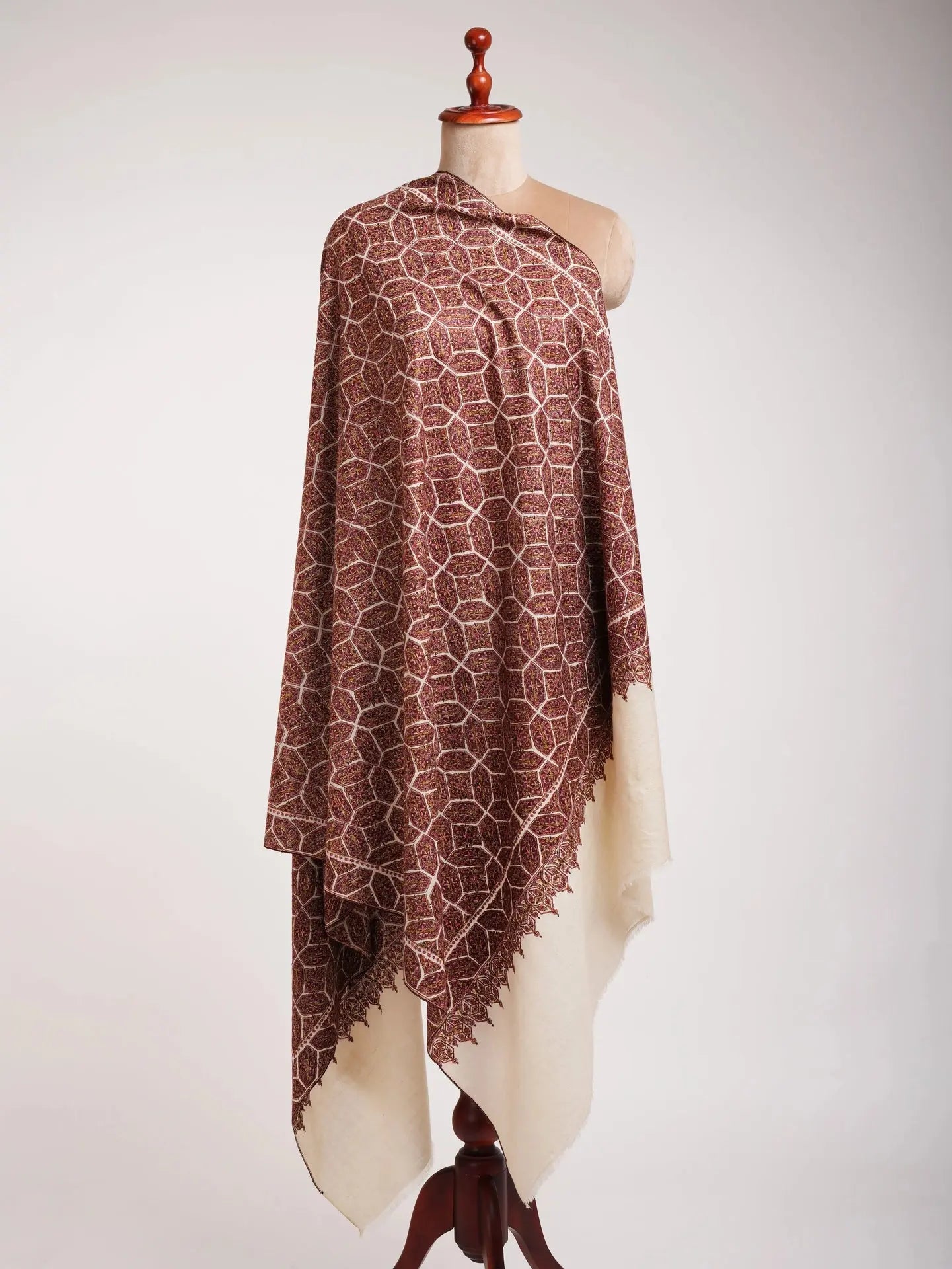 Ivory Khatam Band Embroidered Motif Timeless Pashmina Jamavar Shawl Shahkaar