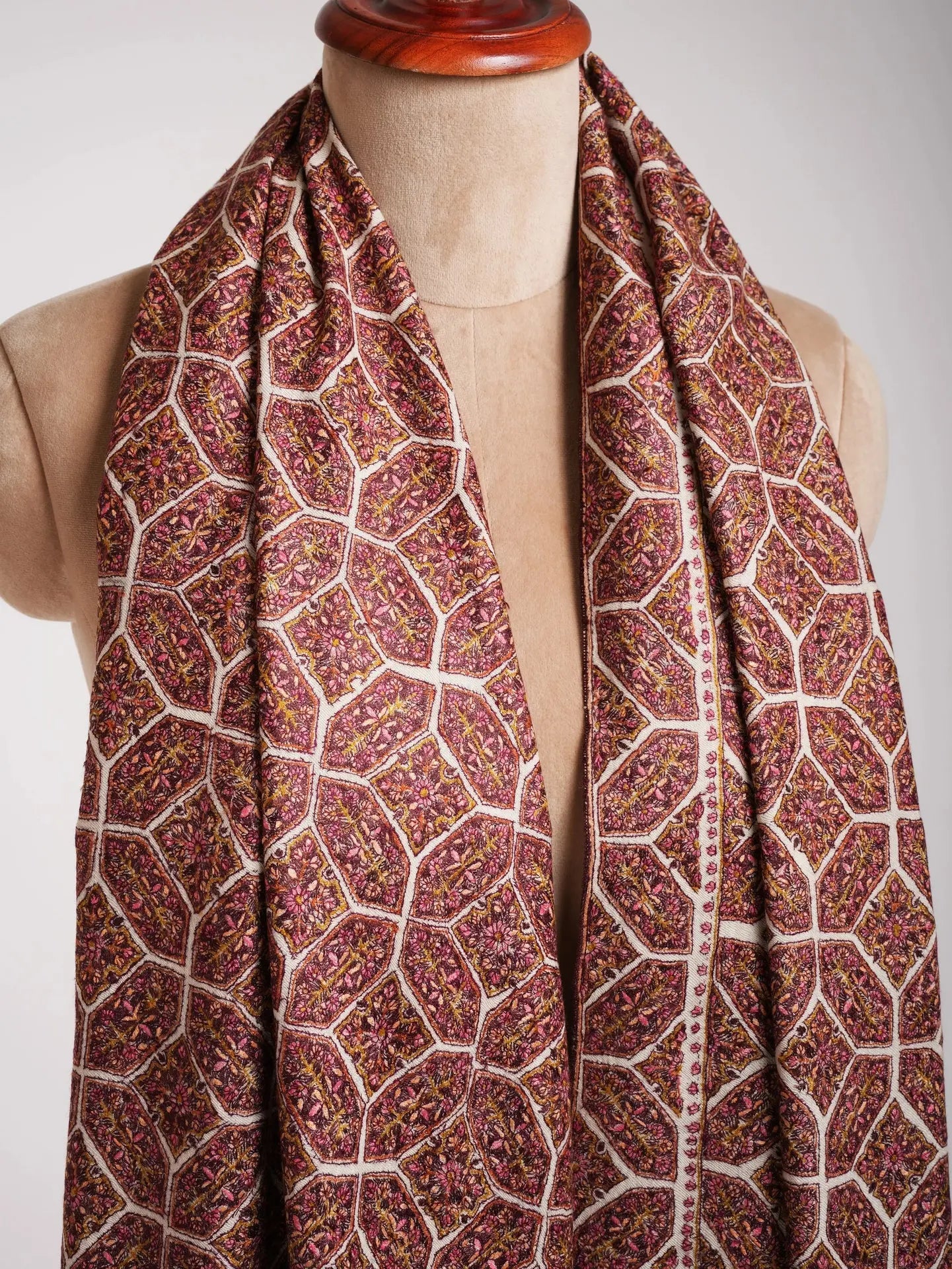 Ivory Khatam Band Embroidered Motif Timeless Pashmina Jamavar Shawl Shahkaar