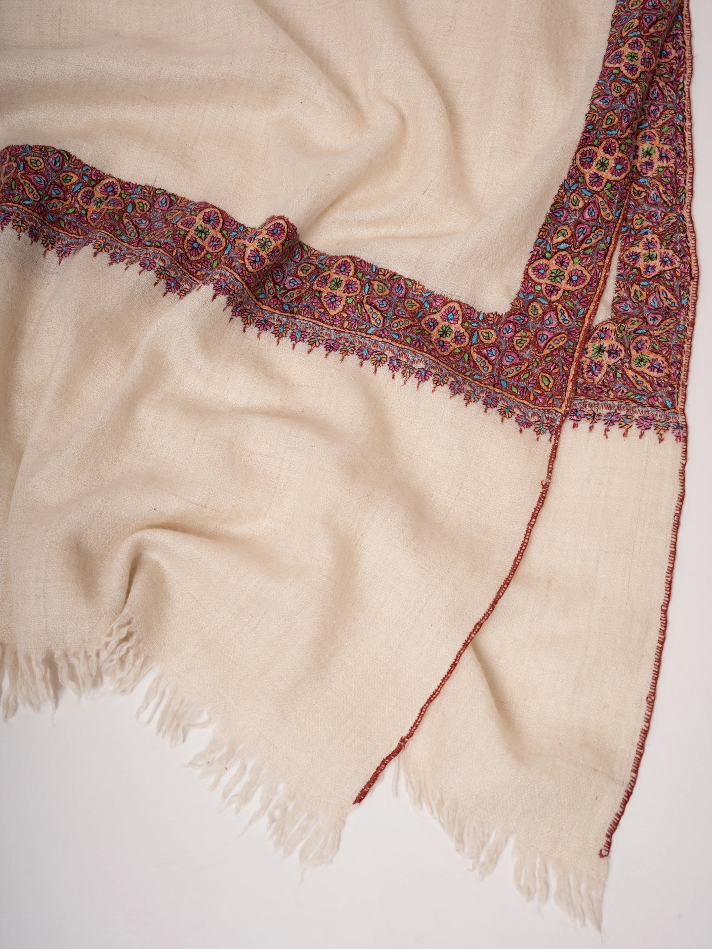 Ivory Neem Daur Pashmina Shawl Handspun Handloomed & Embroidered Shahkaar