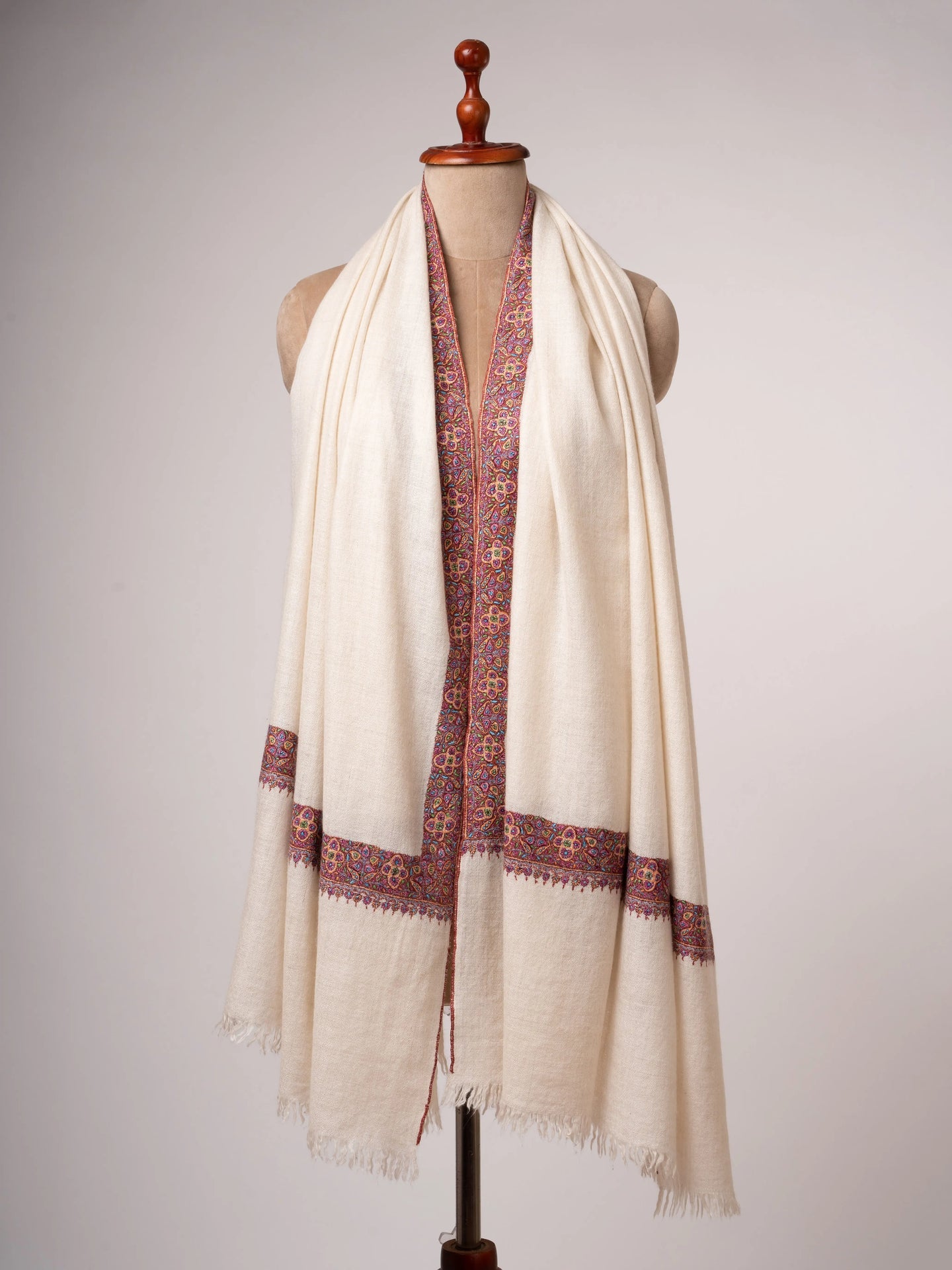 Ivory Neem Daur Pashmina Shawl Handspun Handloomed & Embroidered Shahkaar