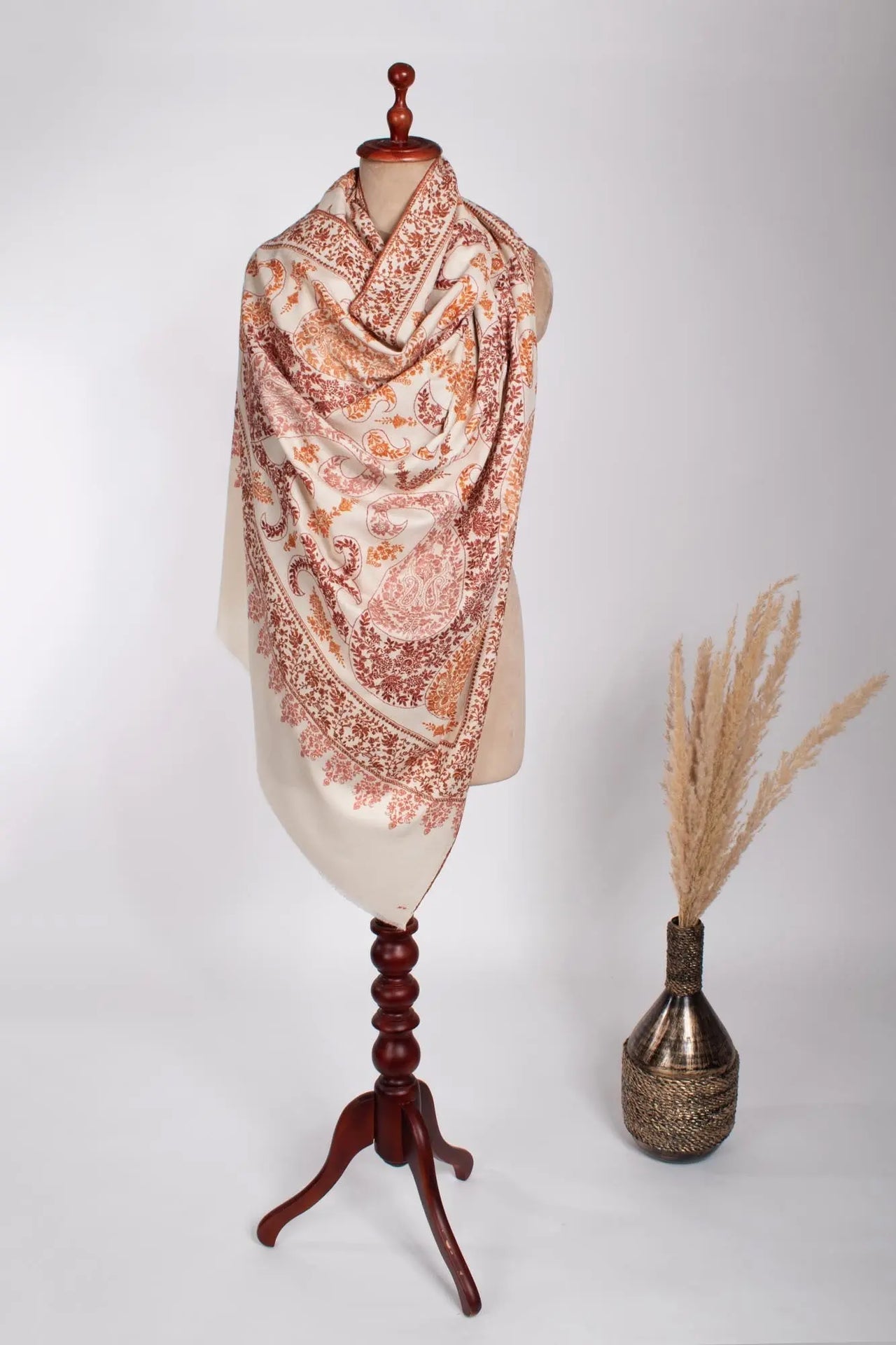 Ivory Paisley Embroidered Pashmina Shawl - FOWEY Shahkaar