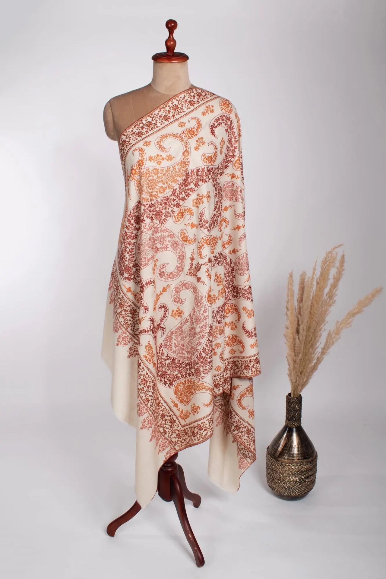 Ivory Paisley Embroidered Pashmina Shawl - FOWEY Shahkaar