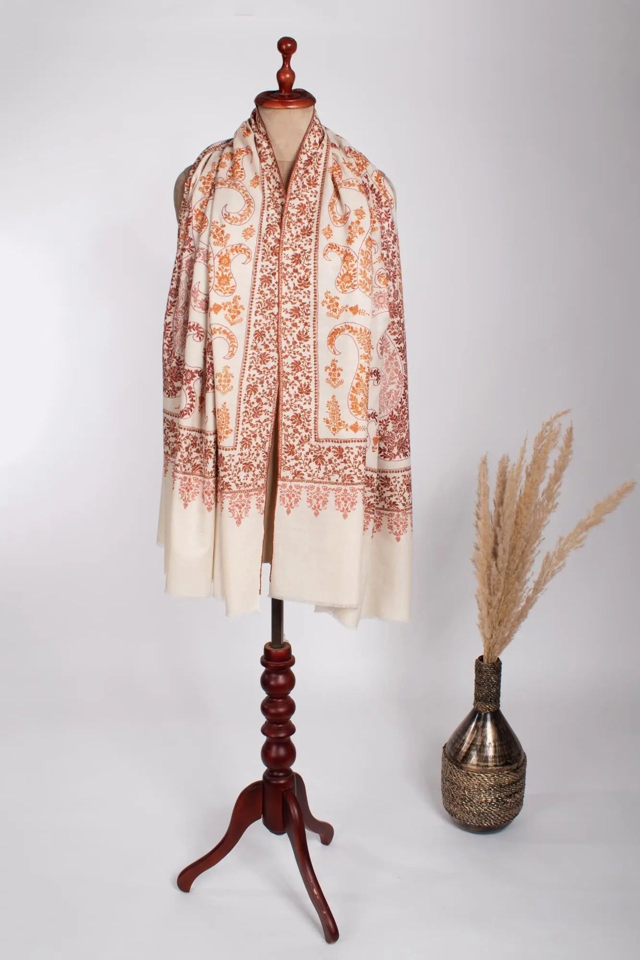 Ivory Paisley Embroidered Pashmina Shawl - FOWEY Shahkaar