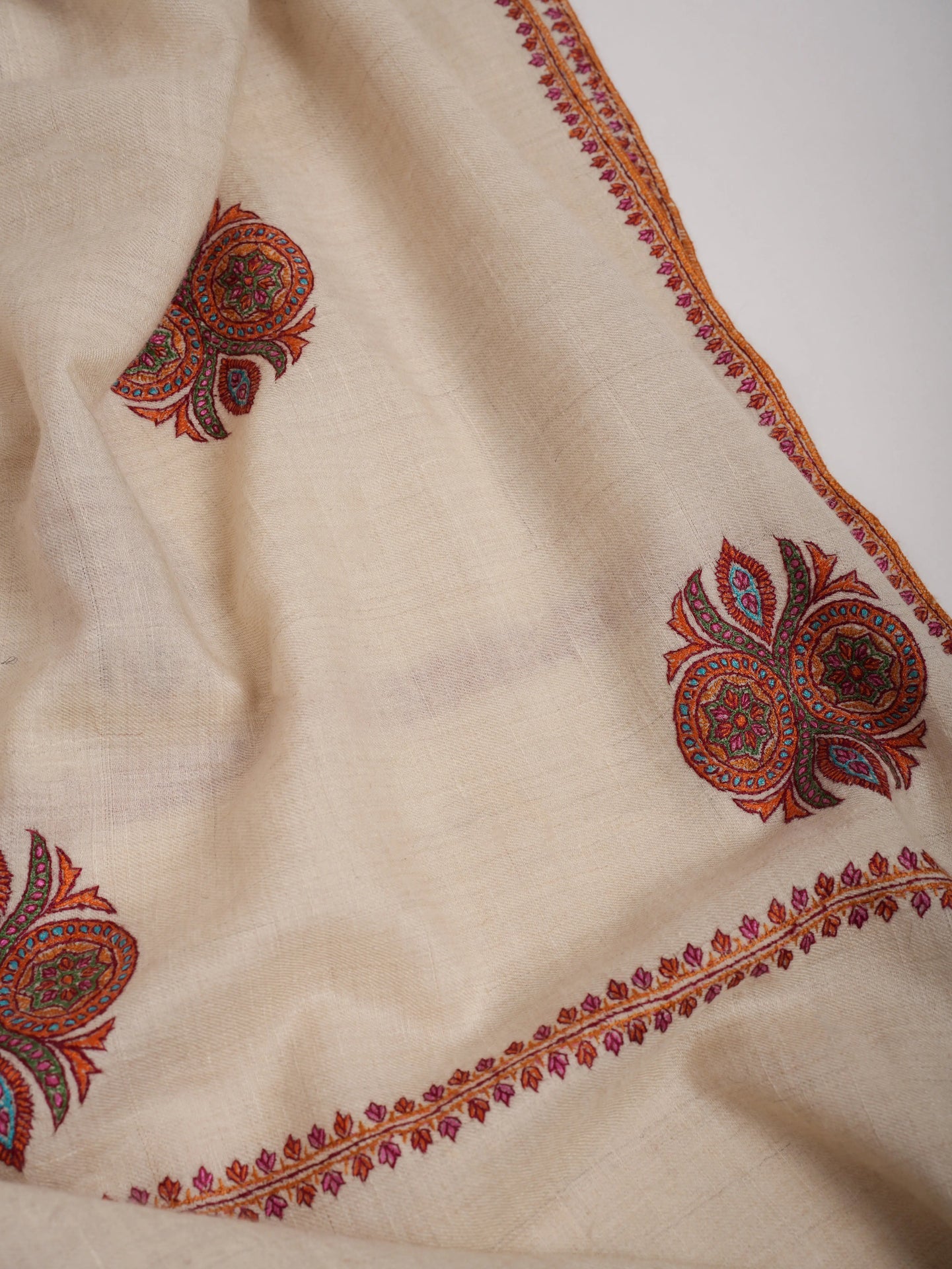 Ivory Pashmina Shawl with Booti Sozni Embroidery Shahkaar
