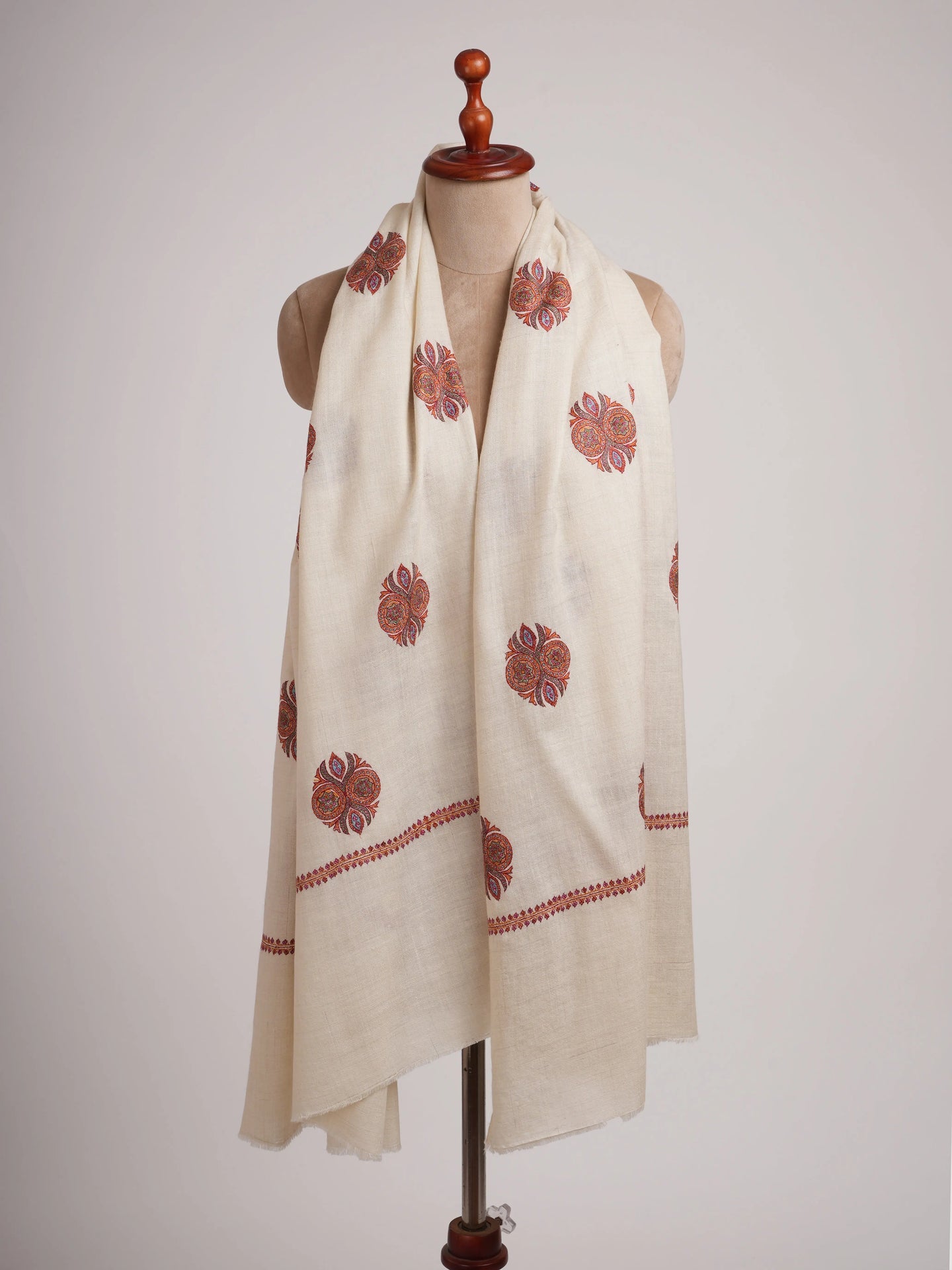 Ivory Pashmina Shawl with Booti Sozni Embroidery Shahkaar