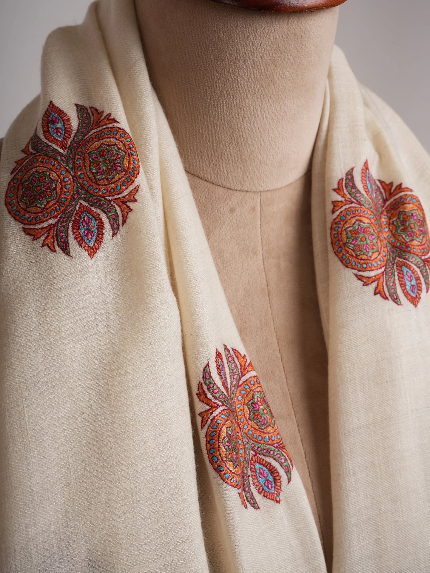 Ivory Pashmina Shawl with Booti Sozni Embroidery Shahkaar