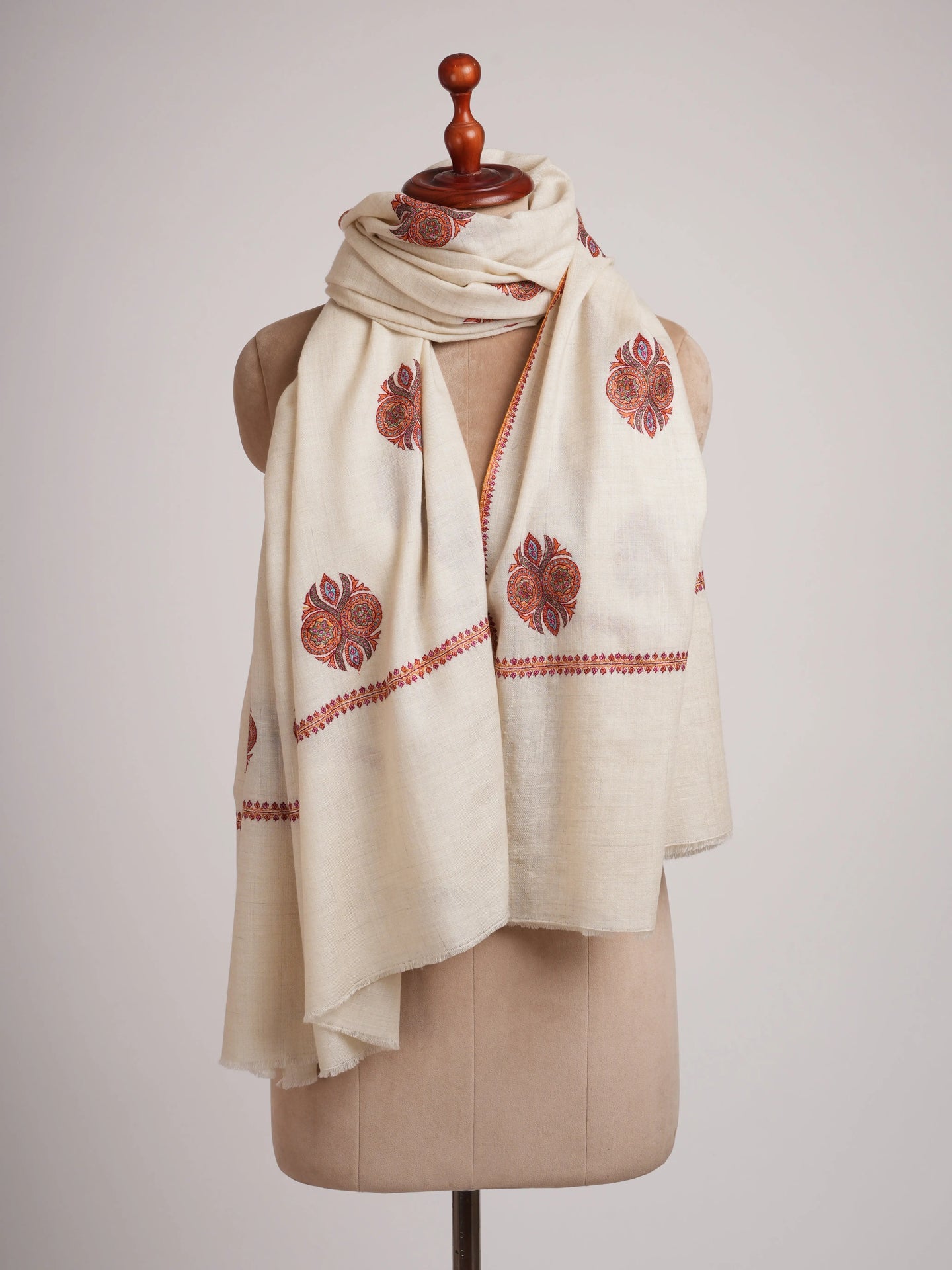 Ivory Pashmina Shawl with Booti Sozni Embroidery Shahkaar