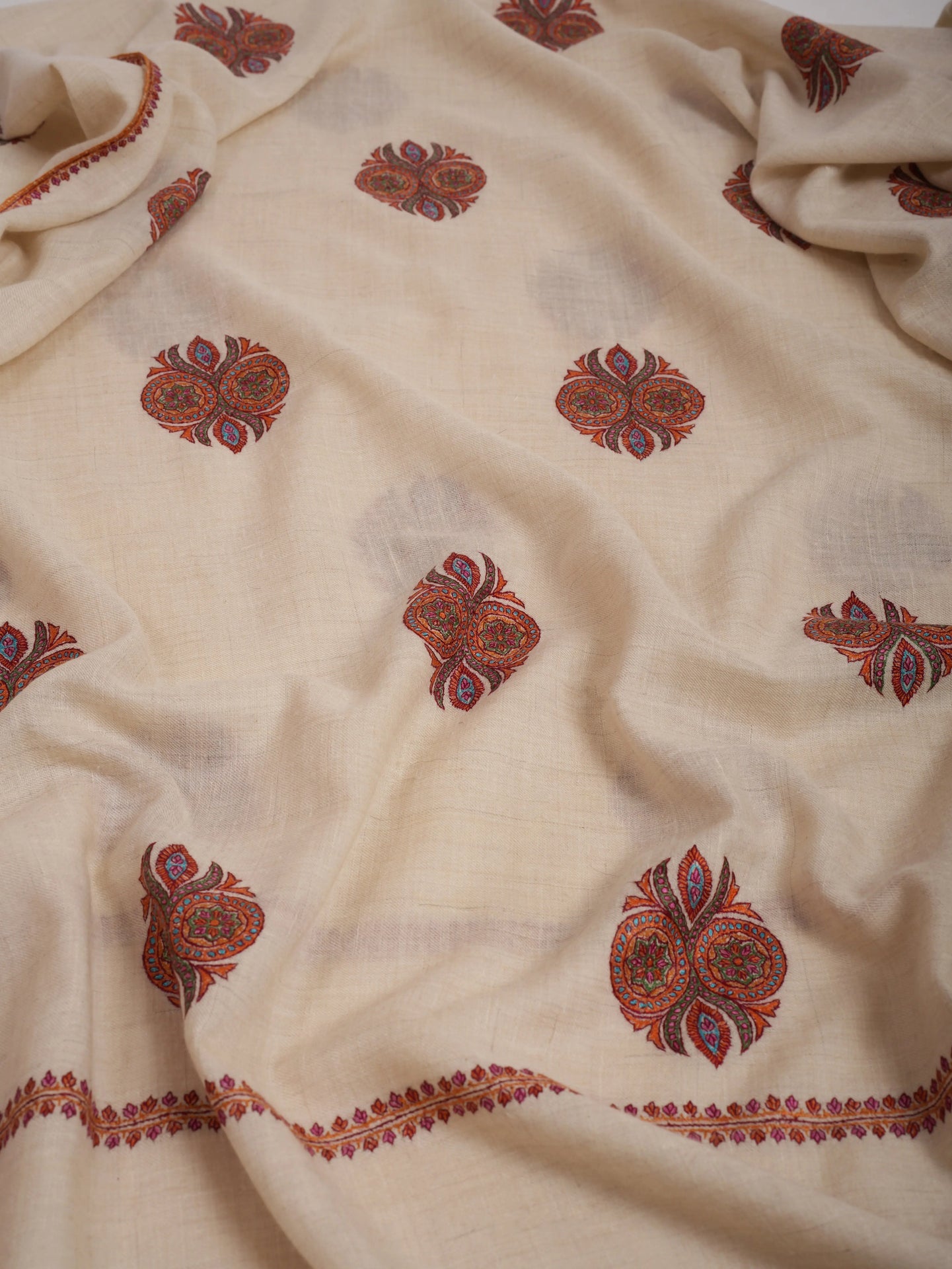 Ivory Pashmina Shawl with Booti Sozni Embroidery Shahkaar