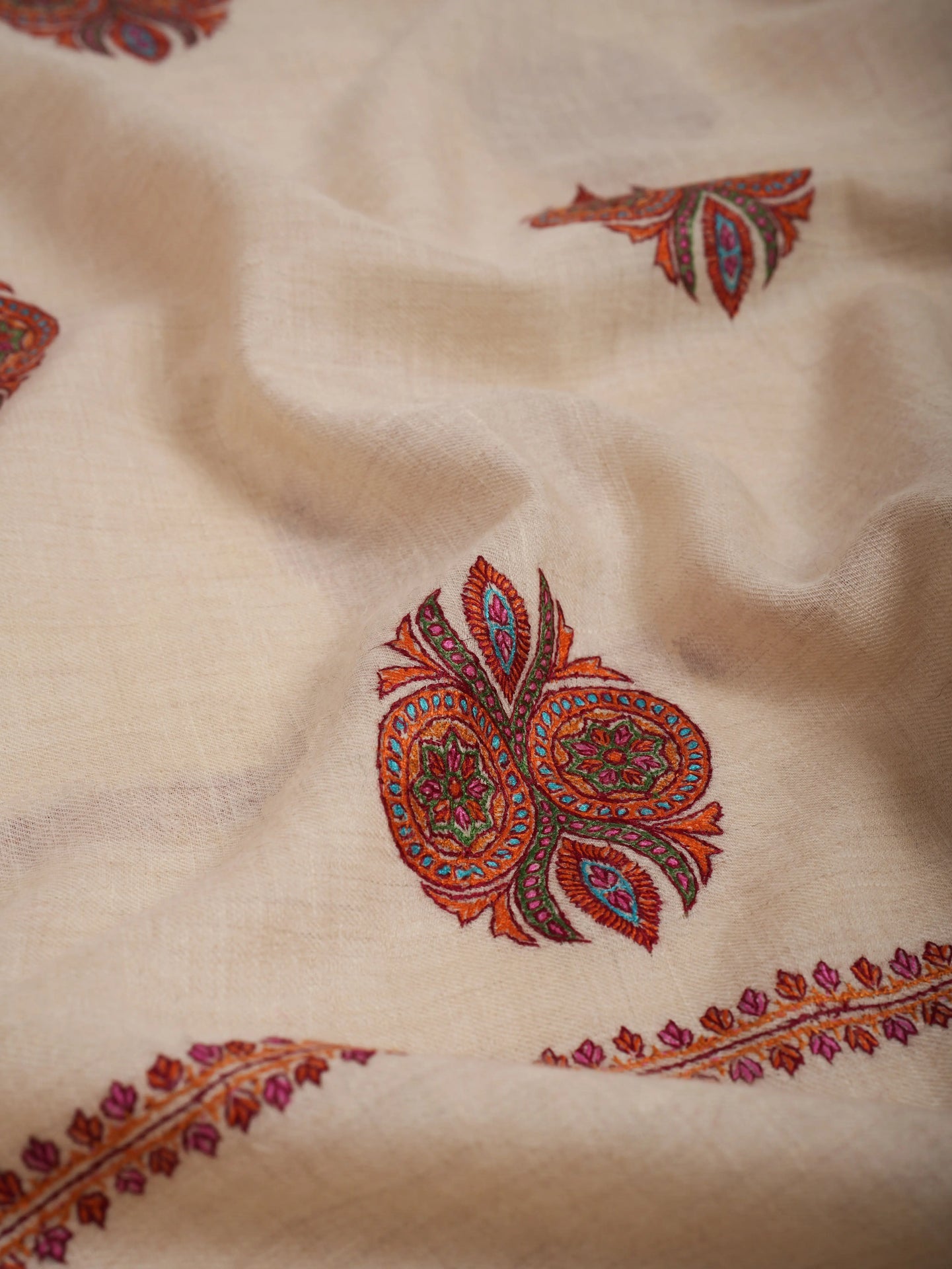 Ivory Pashmina Shawl with Booti Sozni Embroidery Shahkaar