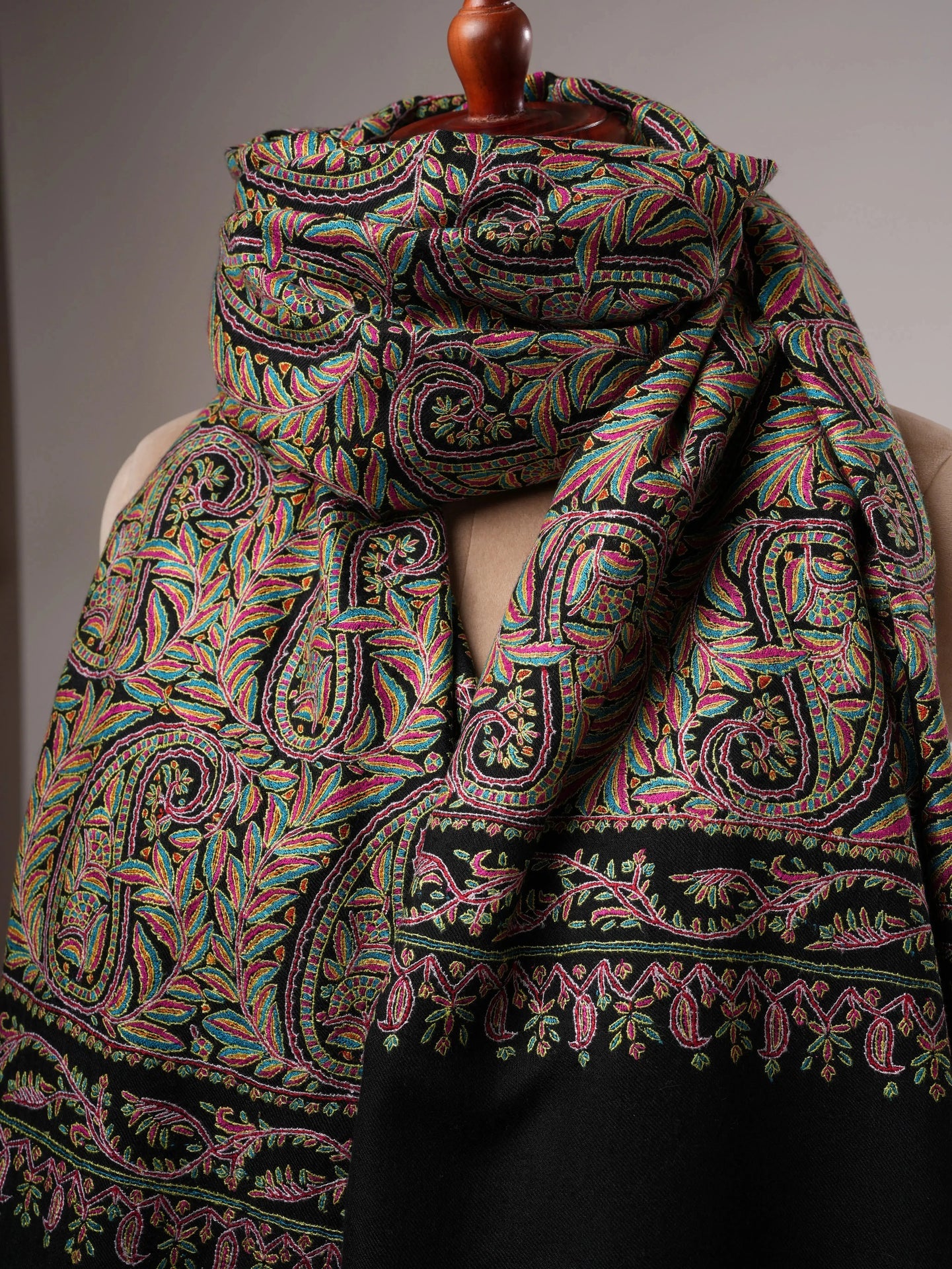 Kashmiri Black Pashmina Jamavar Shawl with Detailed Paisley Handwork Shahkaar