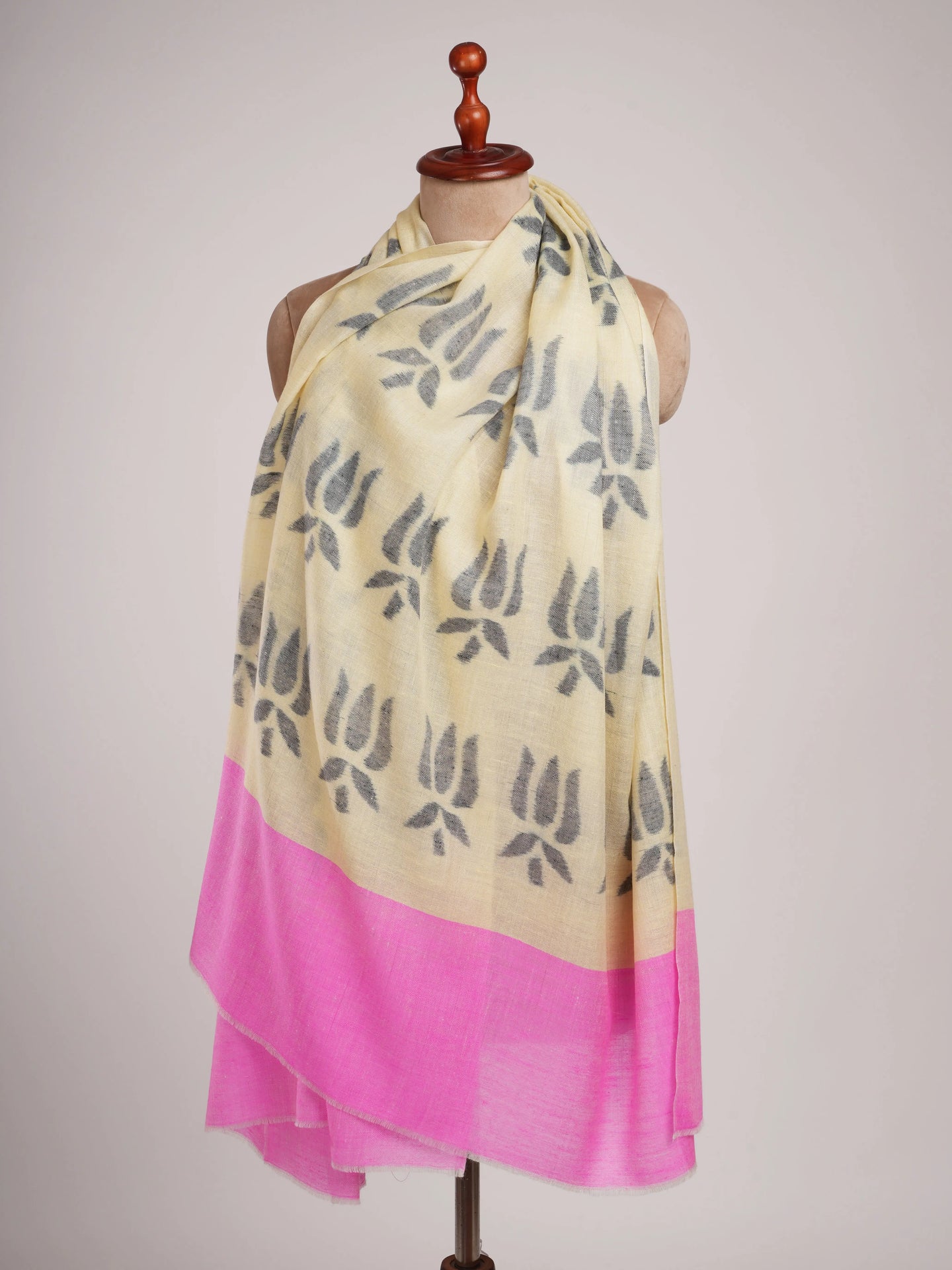 Lotus Ikat Pashmina Shawl in Pearl Black and Pink Color Shahkaar