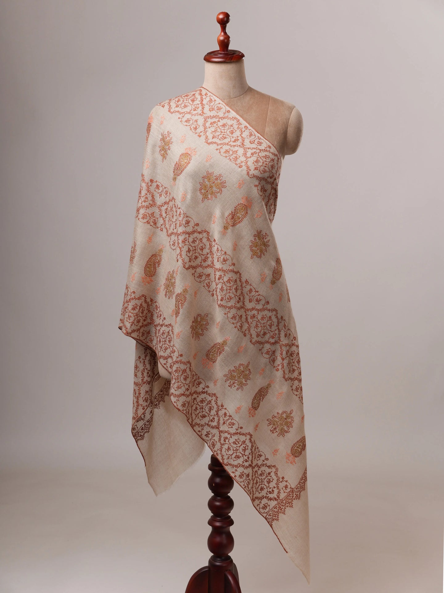 Luxurious Soft Off White Cashmere Wrap with All Over Embroidery Shahkaar