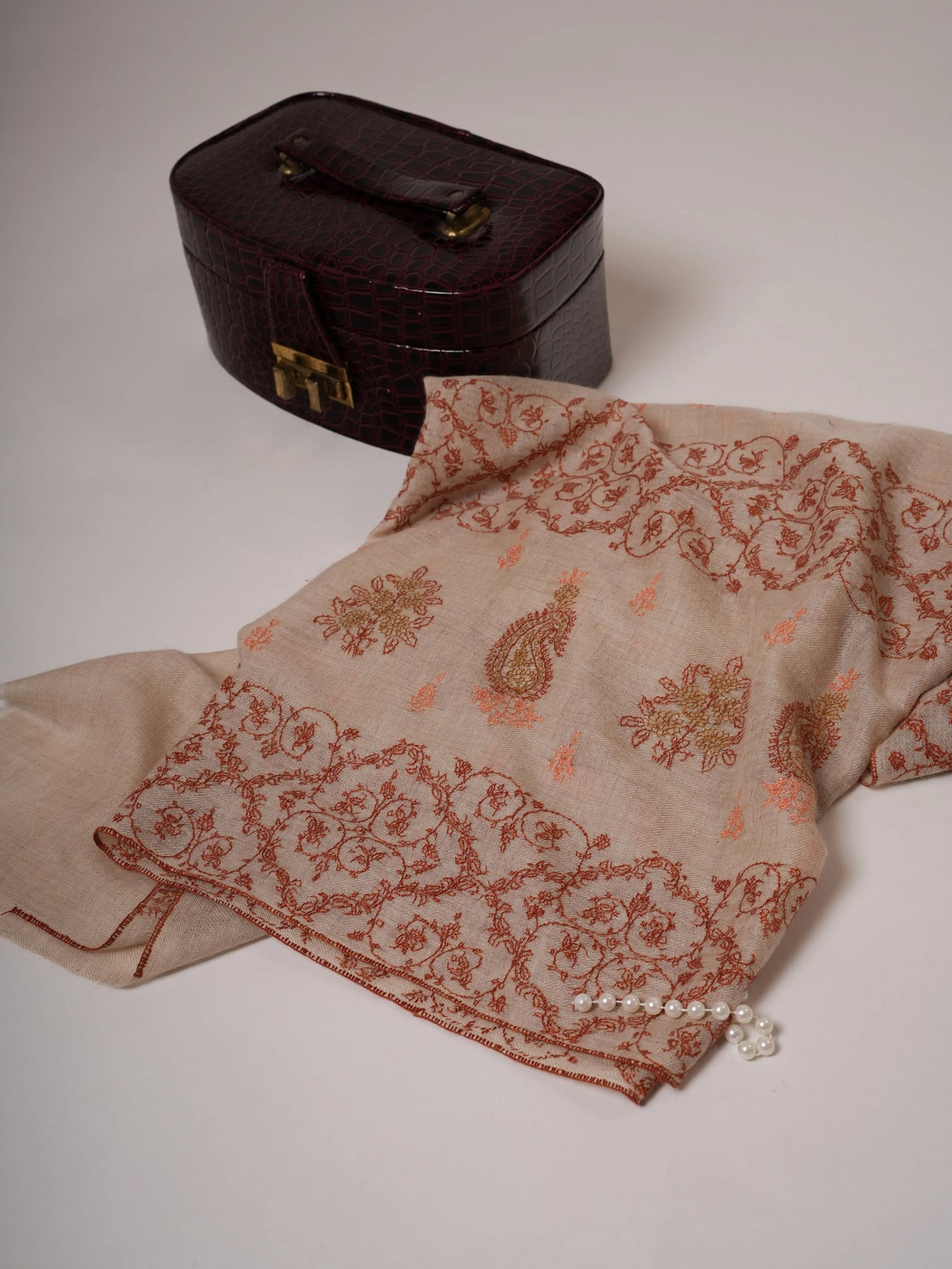 Luxurious Soft Off White Cashmere Wrap with All Over Embroidery Shahkaar