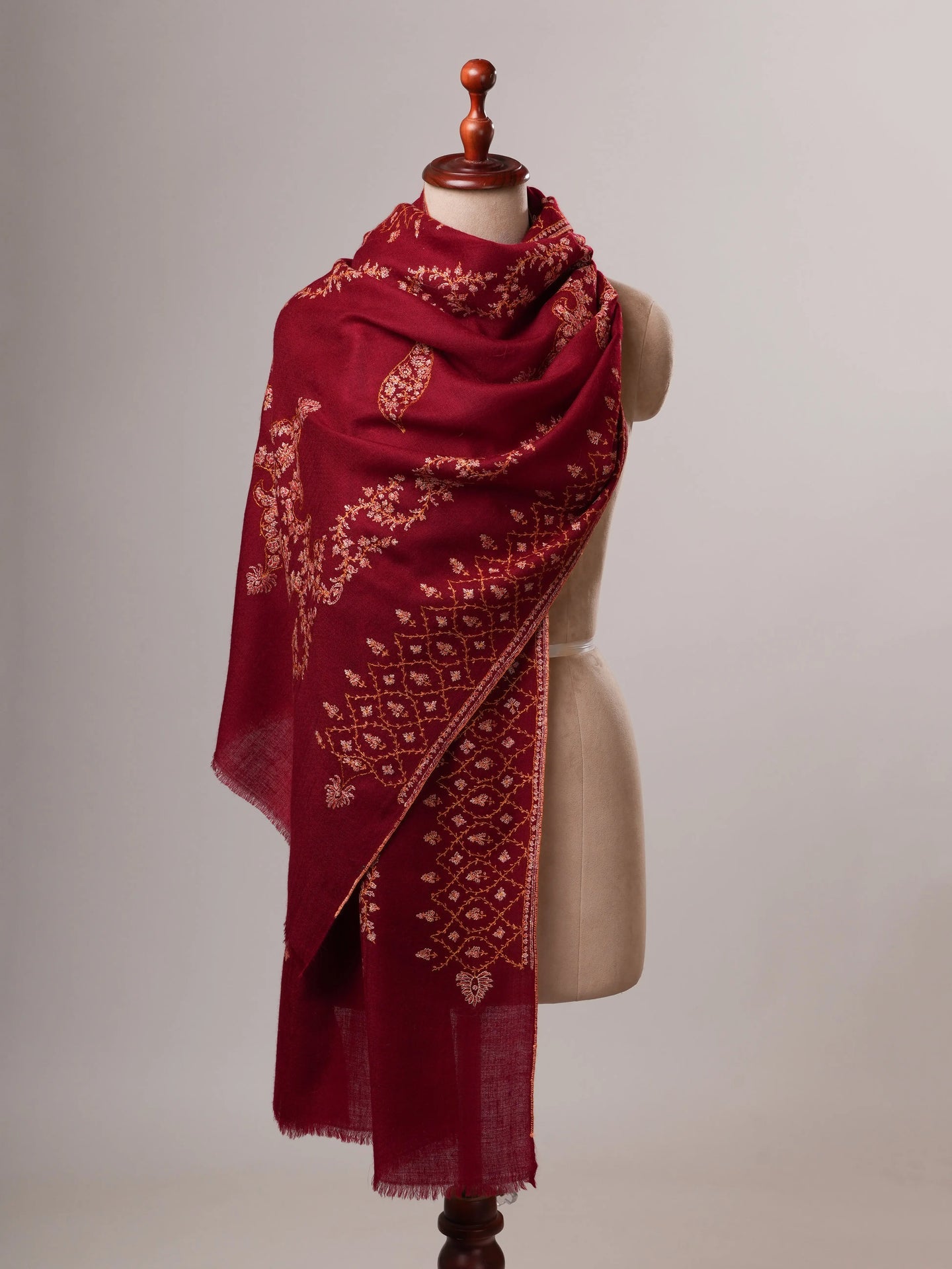 Maroon Hand Embroidered Cashmere Scarf with Fine Needlework Shahkaar
