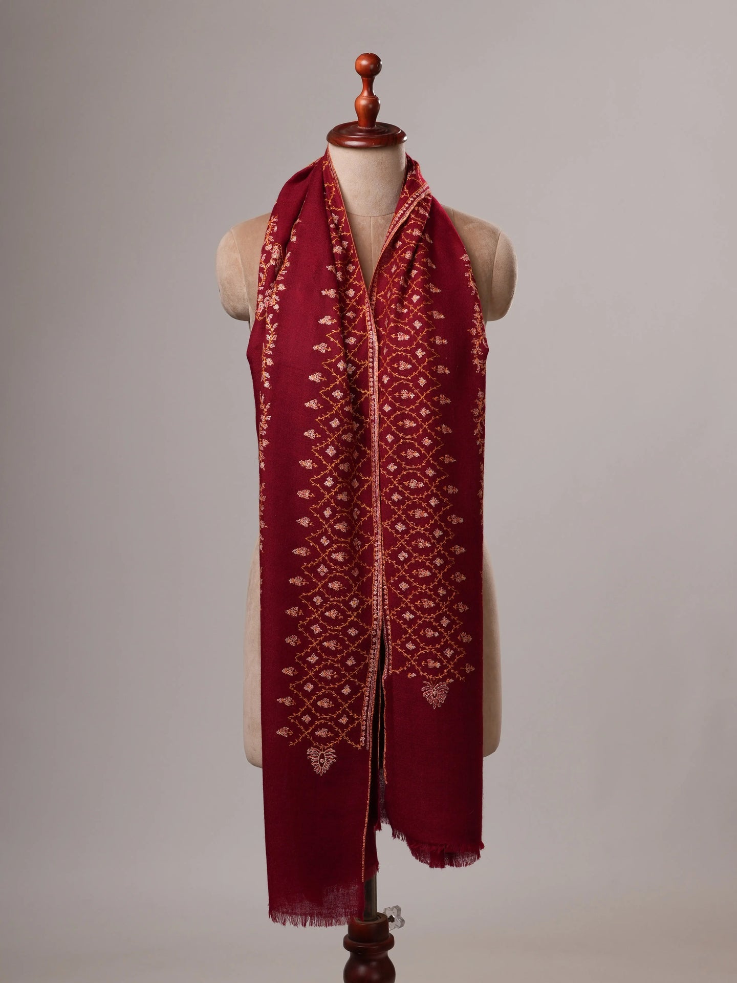 Maroon Hand Embroidered Cashmere Scarf with Fine Needlework Shahkaar
