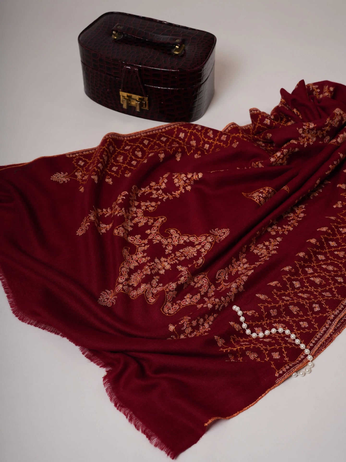 Maroon Hand Embroidered Cashmere Scarf with Fine Needlework Shahkaar