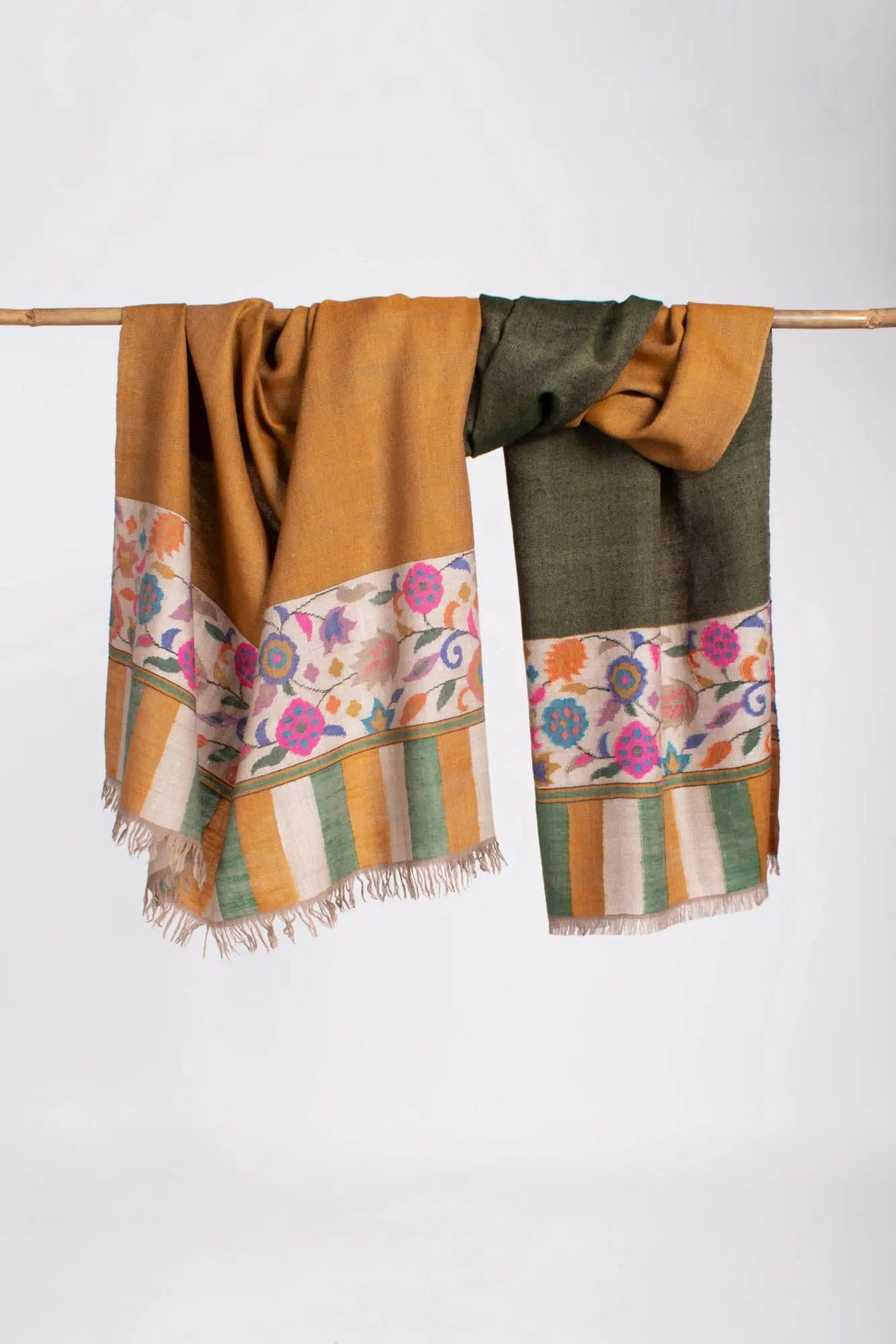 Mustard Green Dual Shade Kashmiri Kani Pashmina Shawl - NOGALES Shahkaar