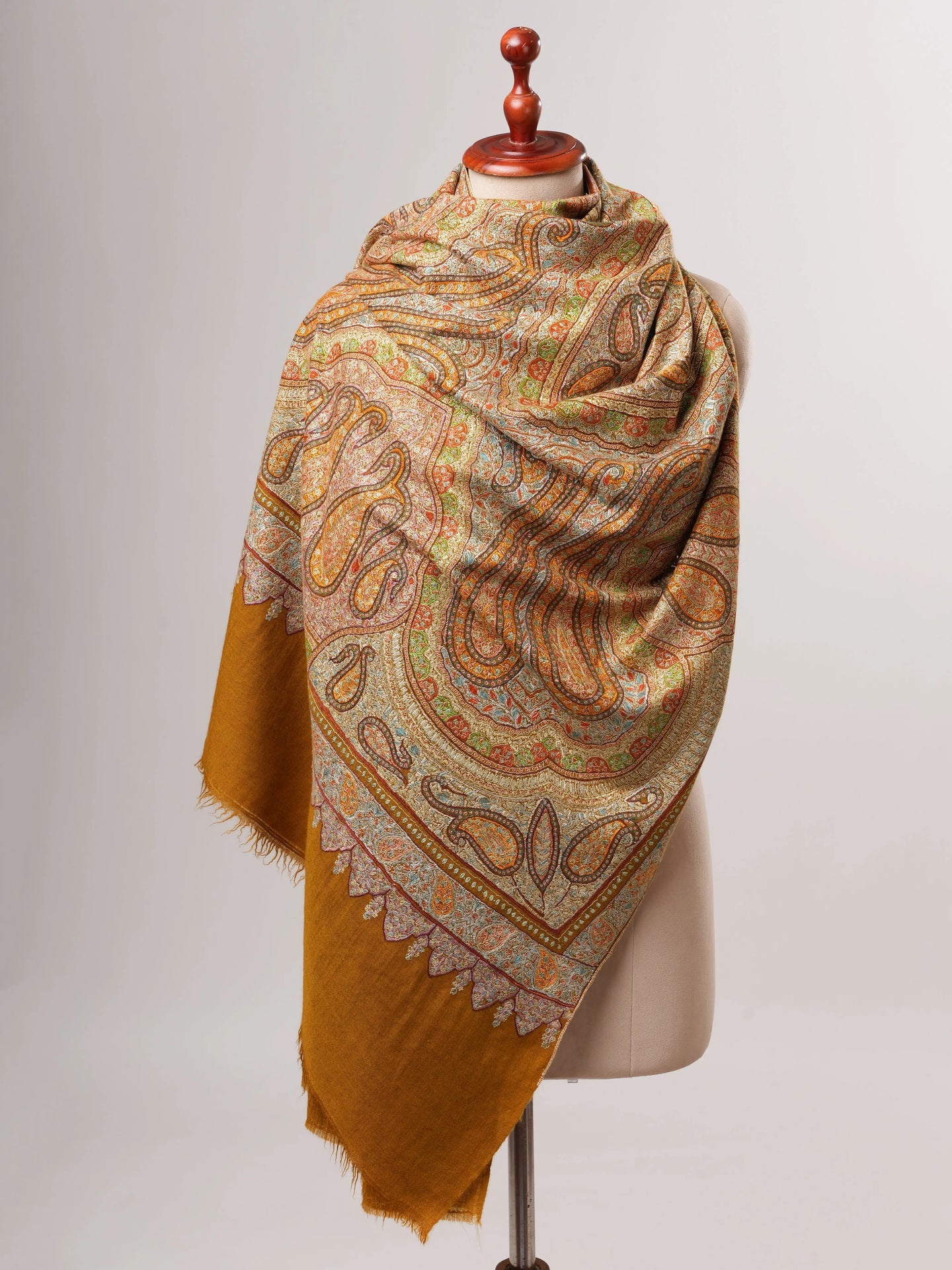 Mustard Kashmiri Pashmina Shawl with Detailed Hand Embroidery Shahkaar