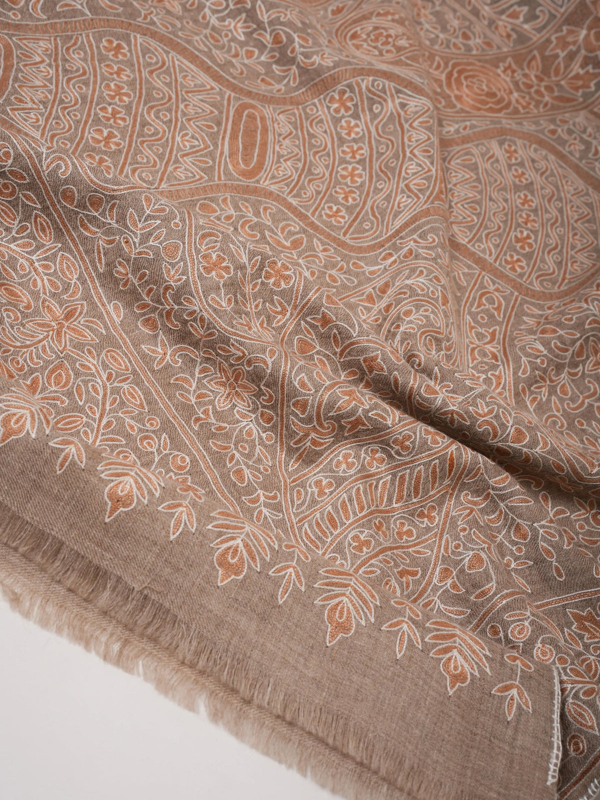 Natural Beige Pashmina Shawl with Hand Embroidered Kalamkari Work Shahkaar