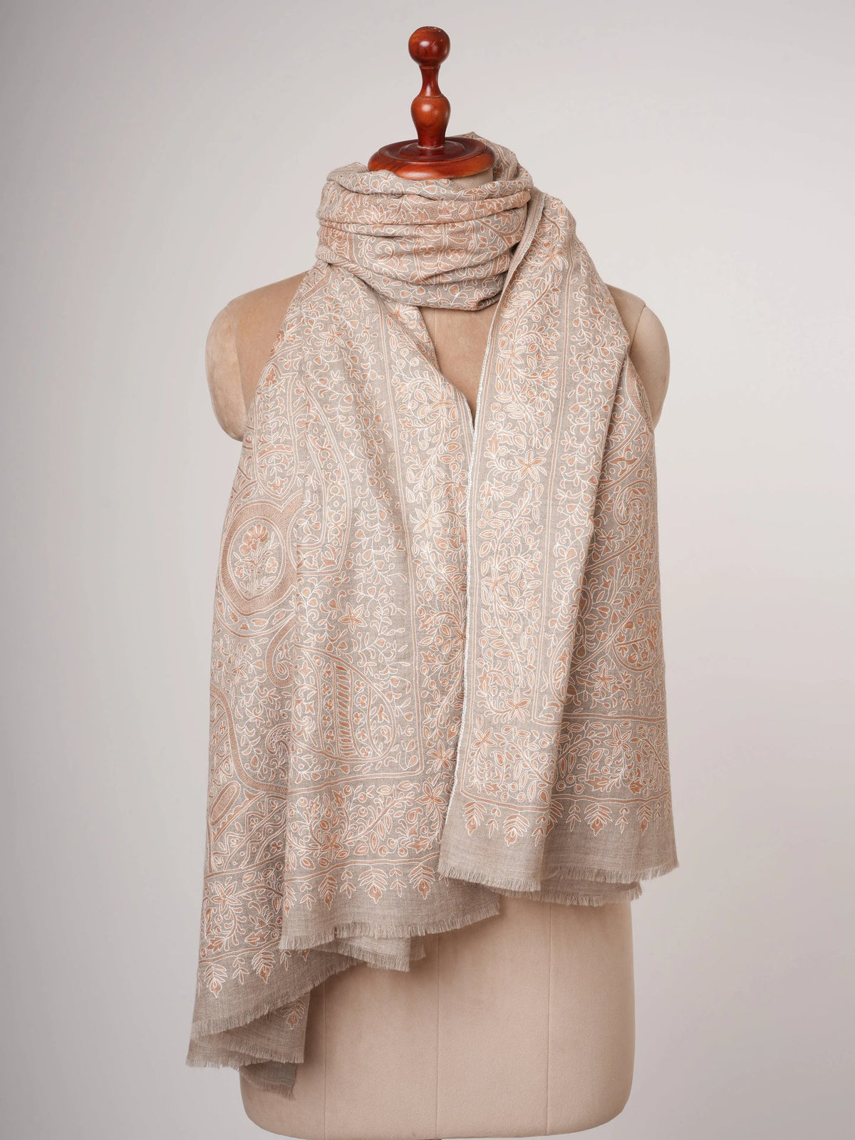 Natural Beige Pashmina Shawl with Hand Embroidered Kalamkari Work Shahkaar