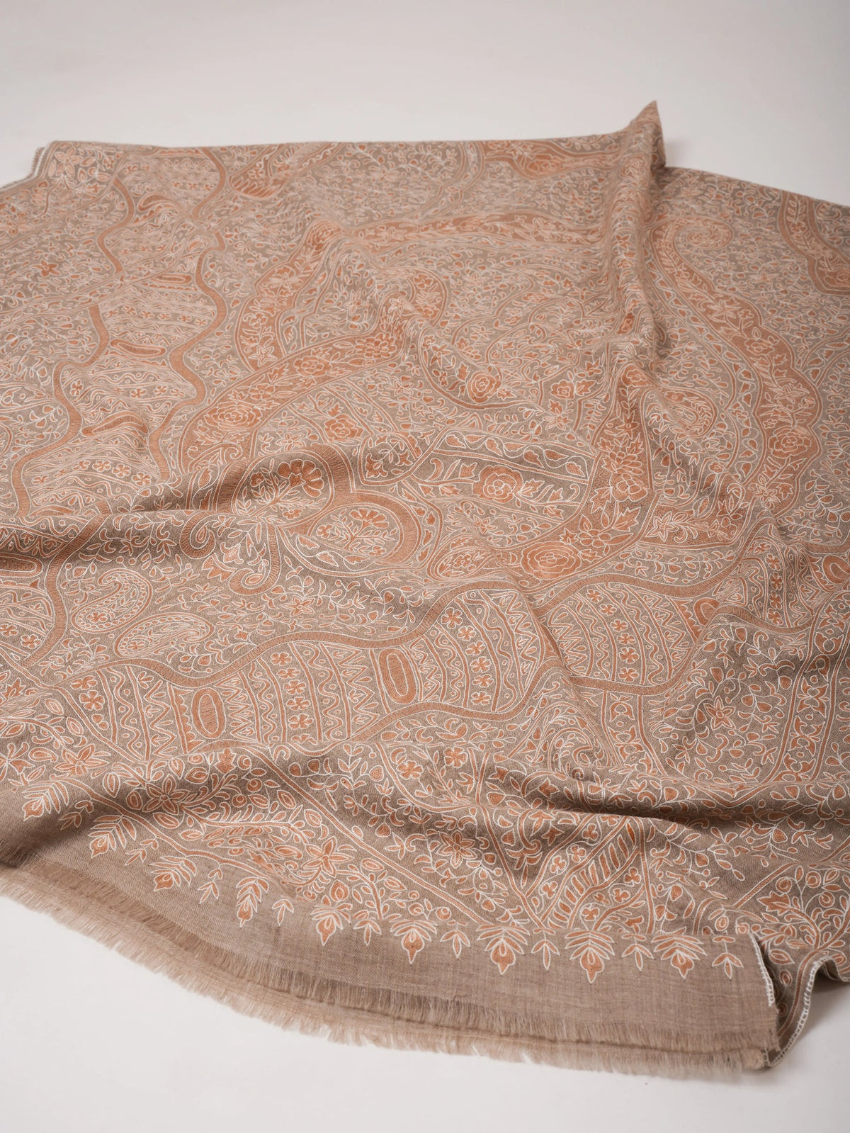 Natural Beige Pashmina Shawl with Hand Embroidered Kalamkari Work Shahkaar