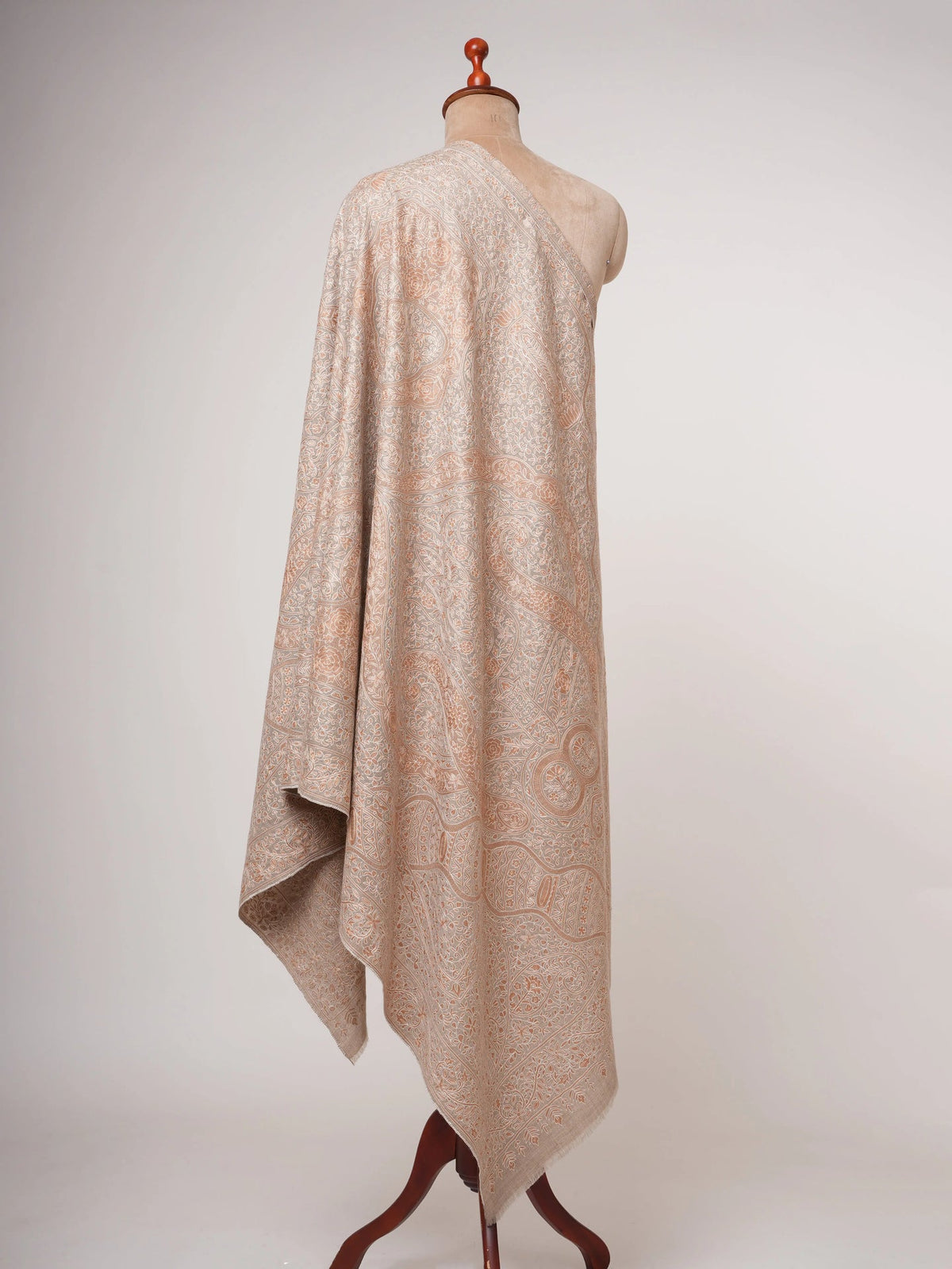 Natural Beige Pashmina Shawl with Hand Embroidered Kalamkari Work Shahkaar
