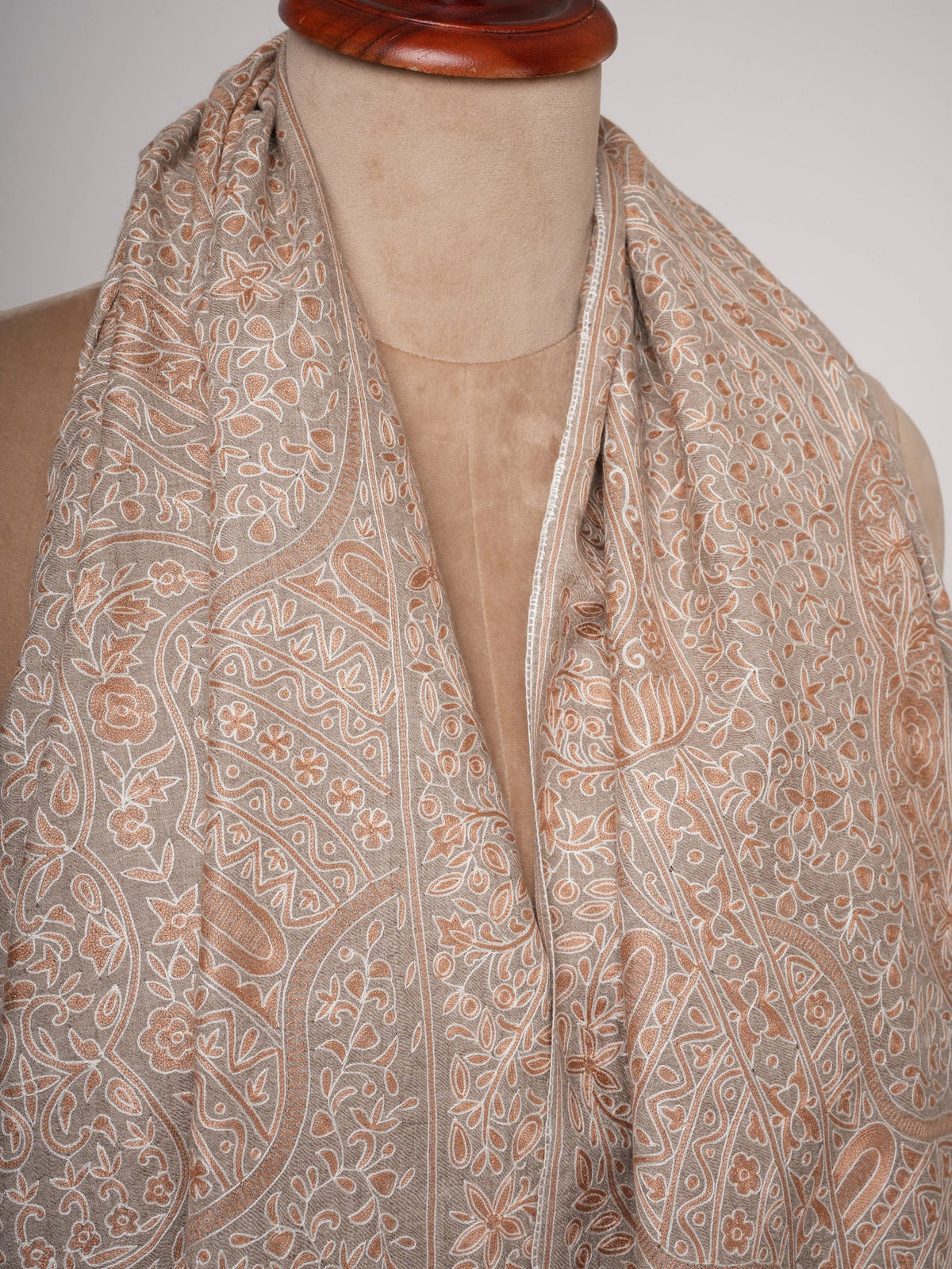 Natural Beige Pashmina Shawl with Hand Embroidered Kalamkari Work Shahkaar