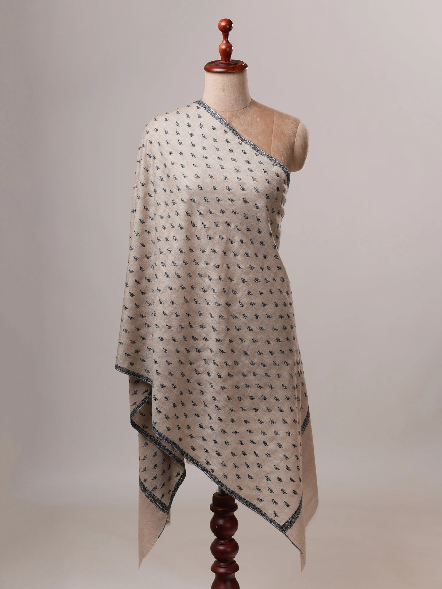 Natural Cashmere Scarf with All Over Machie Buteh Hand Embroidery Shahkaar