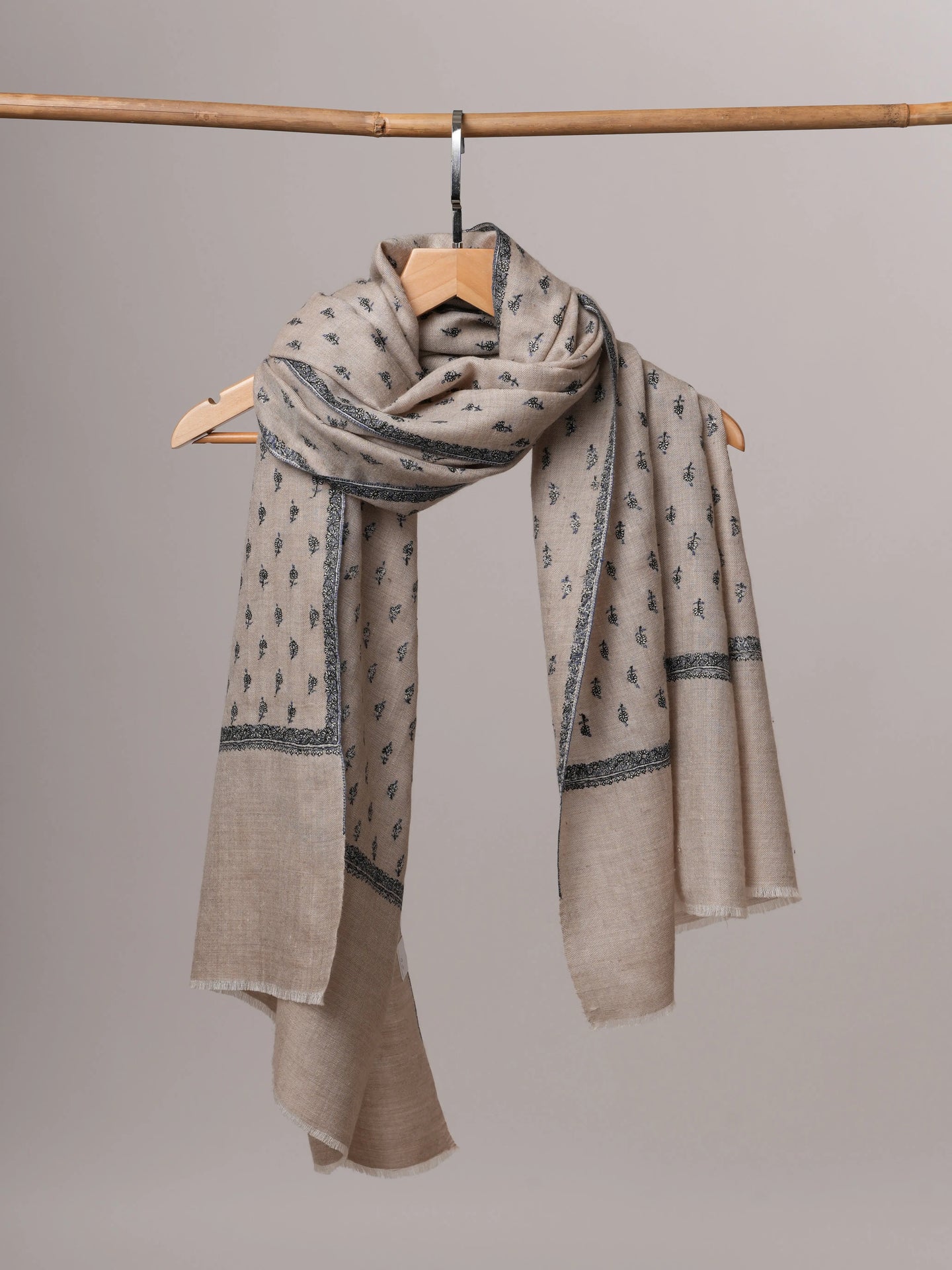 Natural Cashmere Scarf with All Over Machie Buteh Hand Embroidery Shahkaar