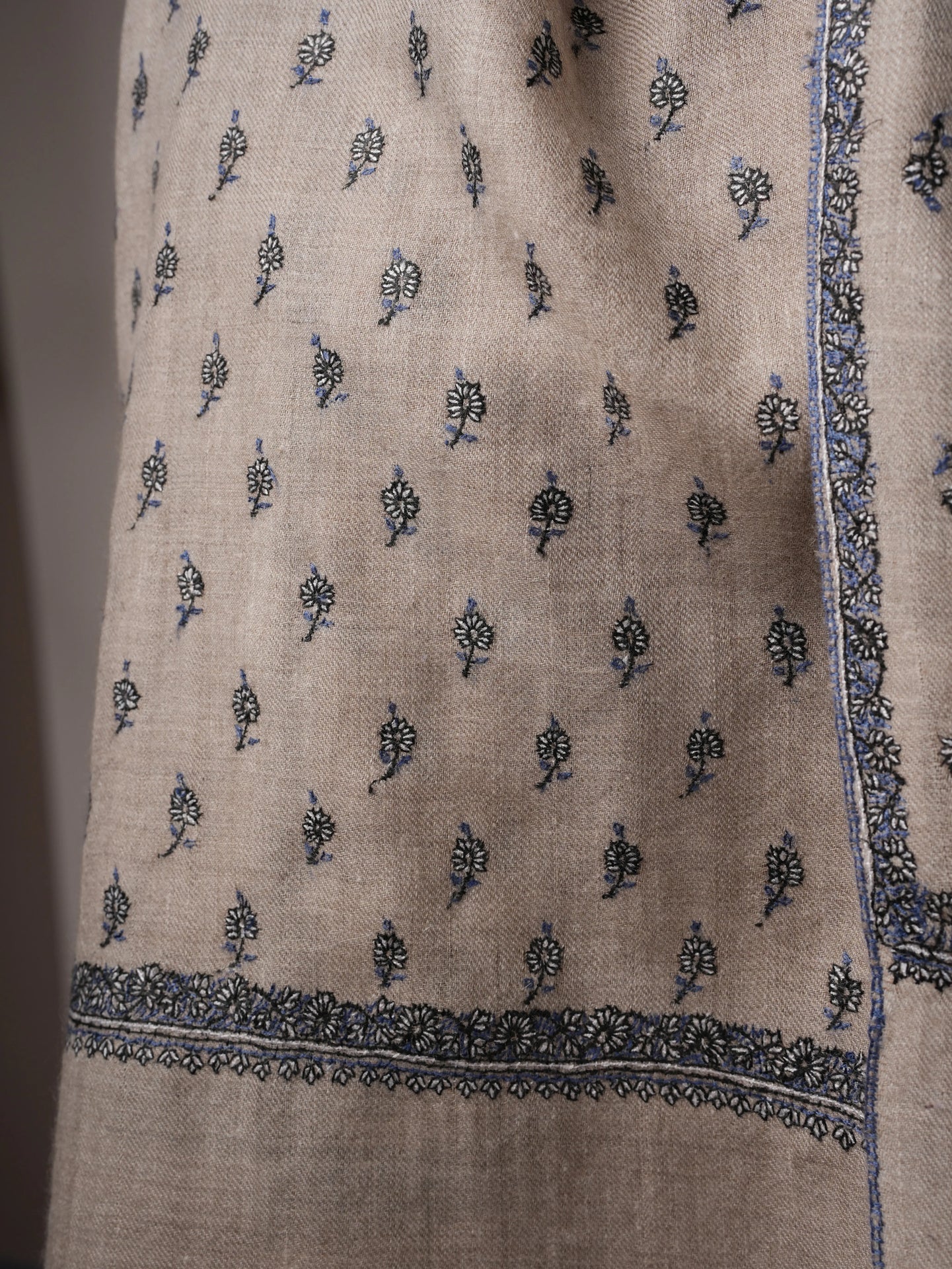 Natural Cashmere Scarf with All Over Machie Buteh Hand Embroidery Shahkaar