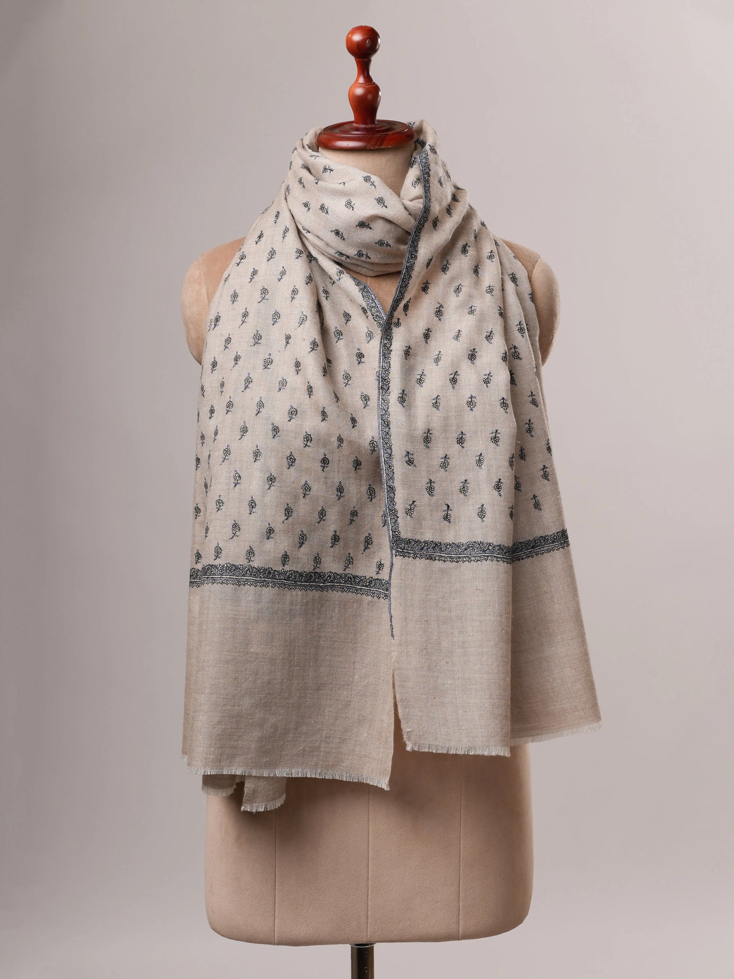 Natural Cashmere Scarf with All Over Machie Buteh Hand Embroidery Shahkaar