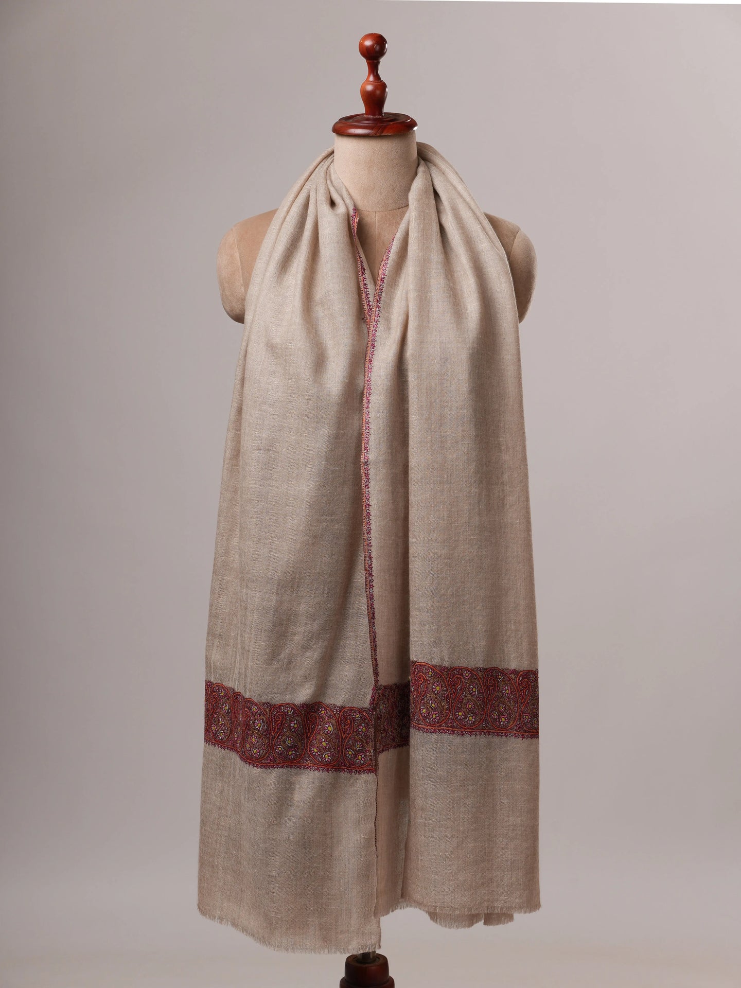 Natural Grey Baby Soft Cashmere Scarf with Hand-Embroidered Palla Shahkaar