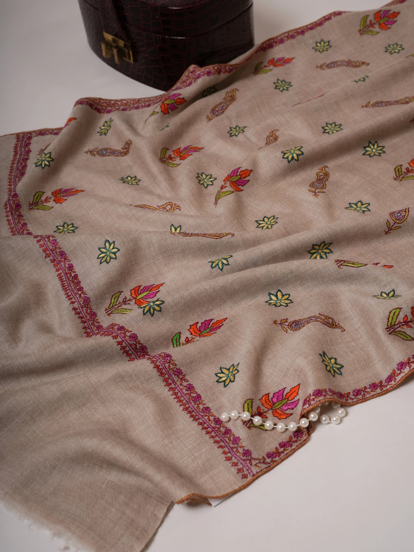 Natural Grey Cashmere Scarf with All-Over Buteh Sozni Embroidery Shahkaar