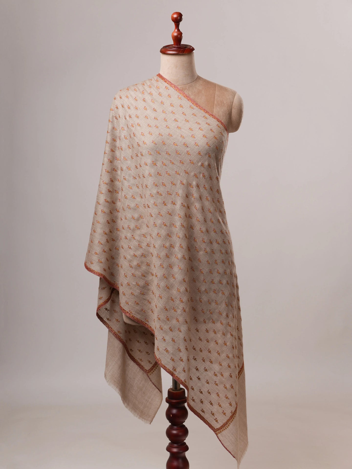 Natural Grey Cashmere Scarf with All-Over Machie Buteh Hand Embroidery Shahkaar