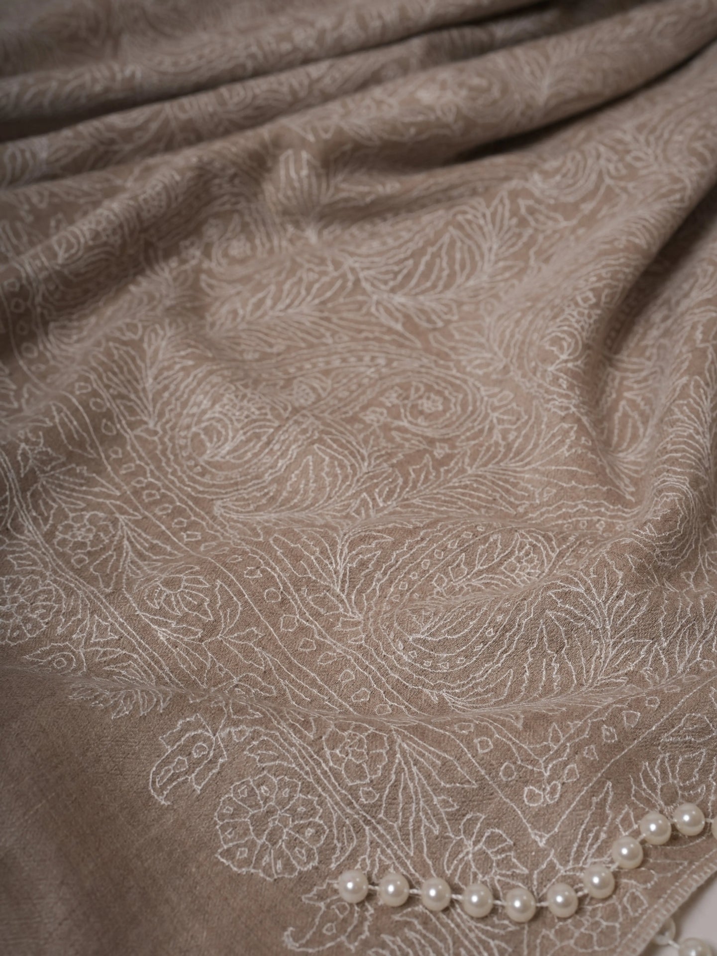 Natural Grey Indian Pashmina Shawl with All-Over White Embroidery Shahkaar