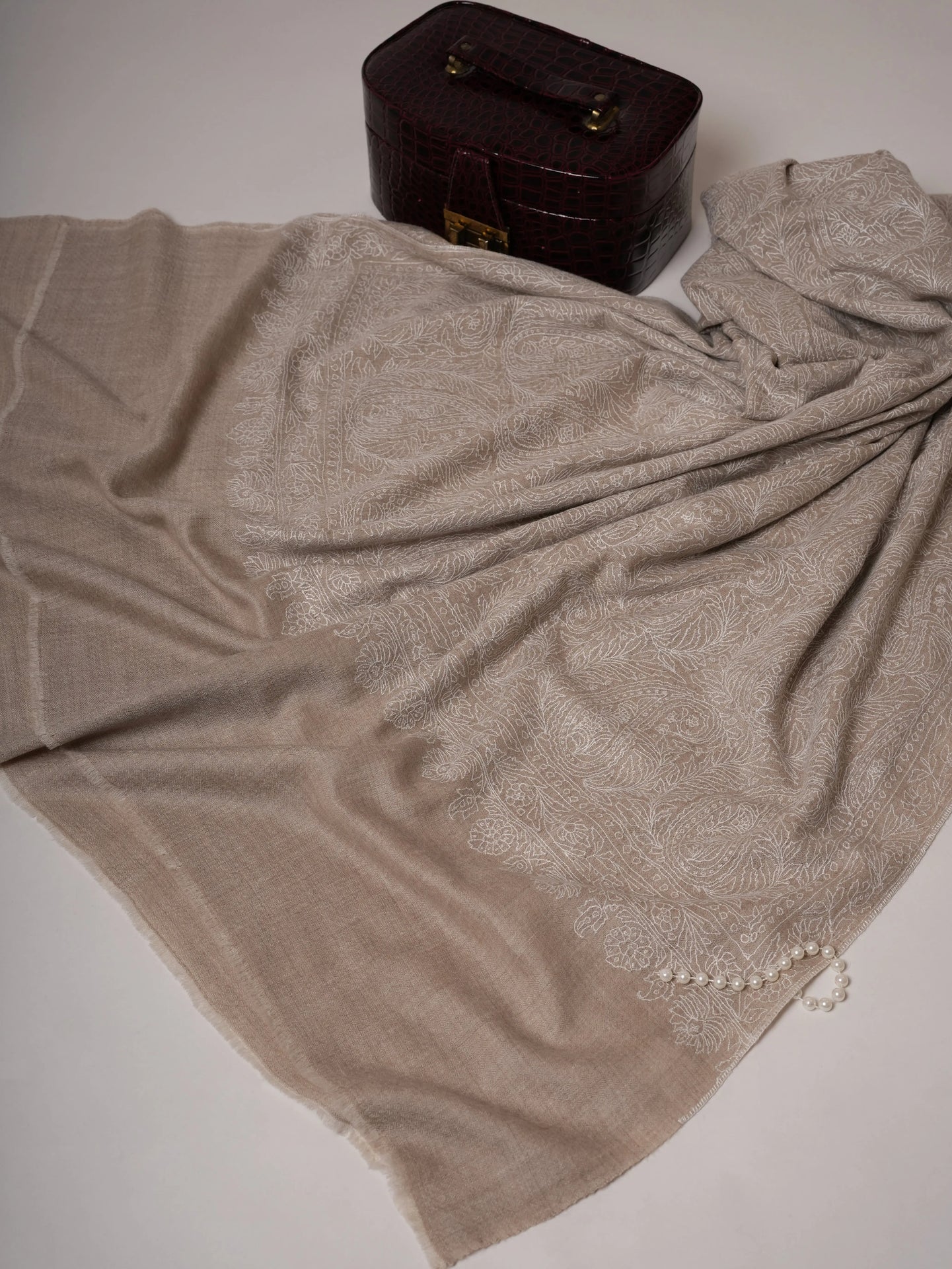 Natural Grey Indian Pashmina Shawl with All-Over White Embroidery Shahkaar