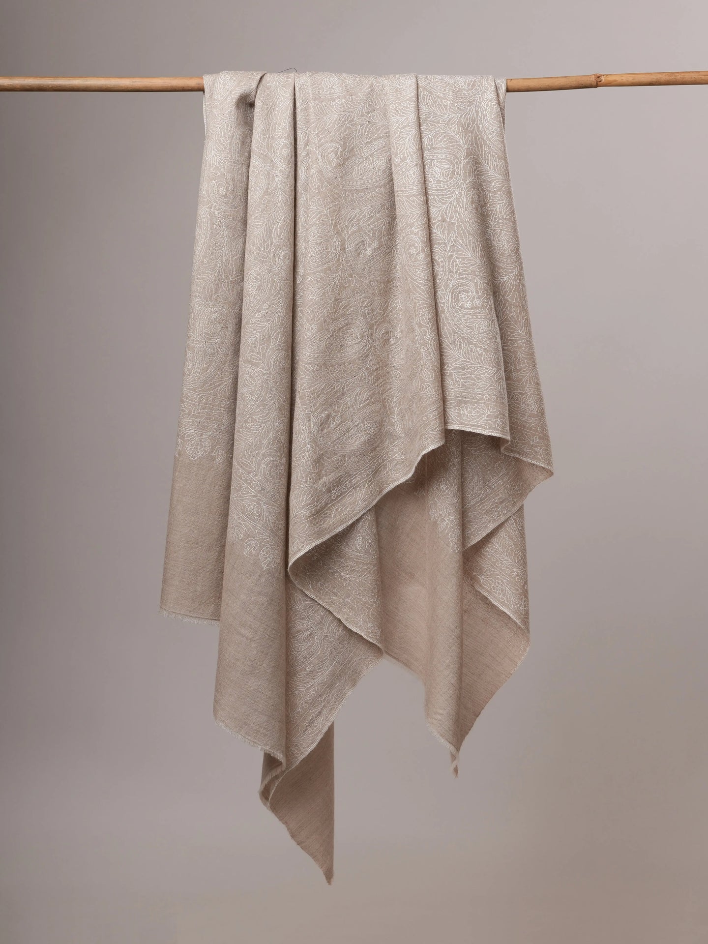 Natural Grey Indian Pashmina Shawl with All-Over White Embroidery Shahkaar
