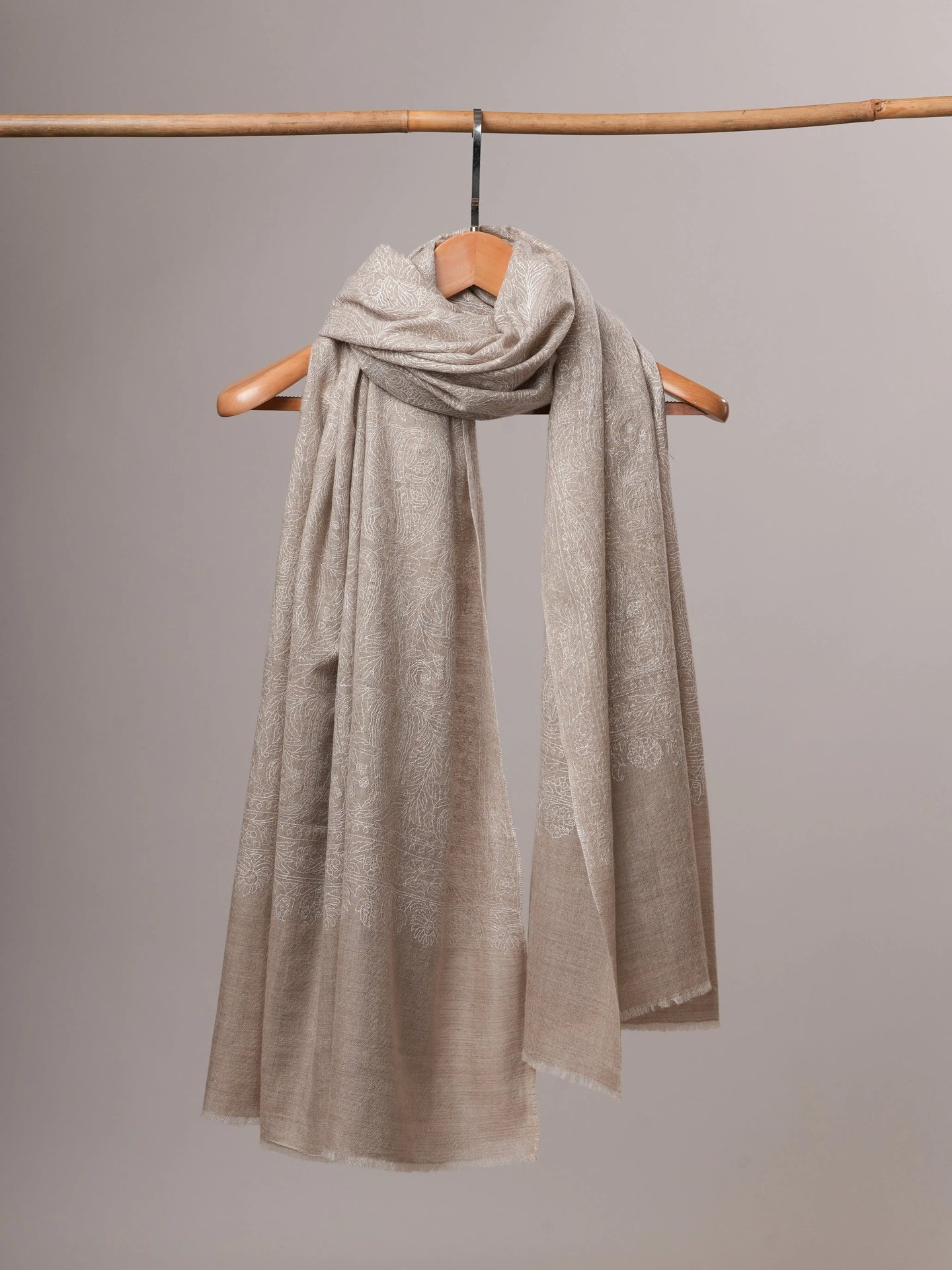 Natural Grey Indian Pashmina Shawl with All-Over White Embroidery Shahkaar